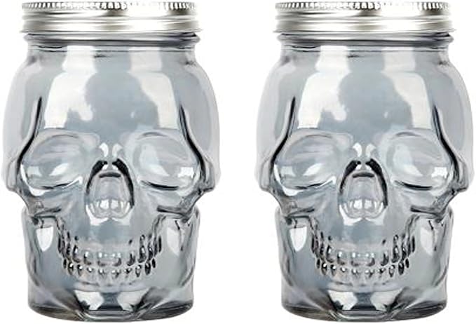 Set of 2 Skull Mason Jar Glasses with Lids | 42oz Reusable Halloween Drinking Glasses | Unique Skull Décor, Storage, & Canning Jars for Parties & Gifts