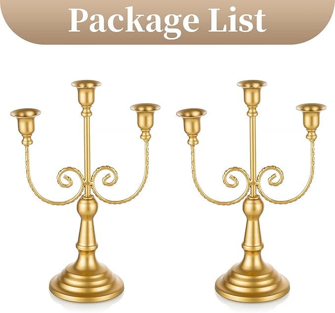 Sziqiqi Gold Taper Candle Holder for Centerpiece - 3-stem Candlesticks Holder for Wedding Table Centerpieces Metal Candle Stick Holders for Fireplace Mantle 2pcs