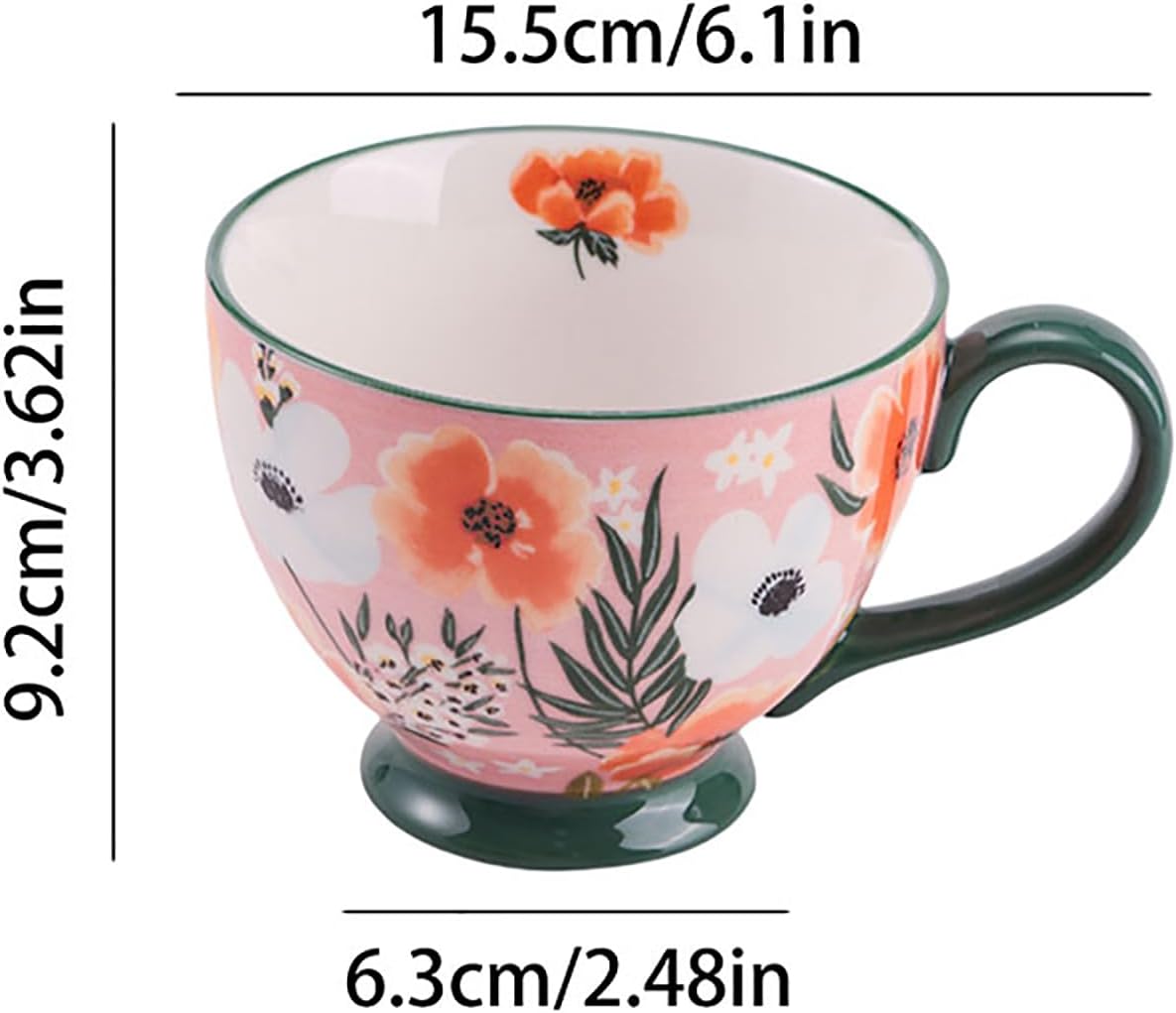 Vintage Flower Mugs โ Large Ceramic Coffee Mug (15oz) โ Cute Cereal Cup for Breakfast, Oatmeal Tea & Hot Drinks โ Handmade Ceramic Cup with Floral Design