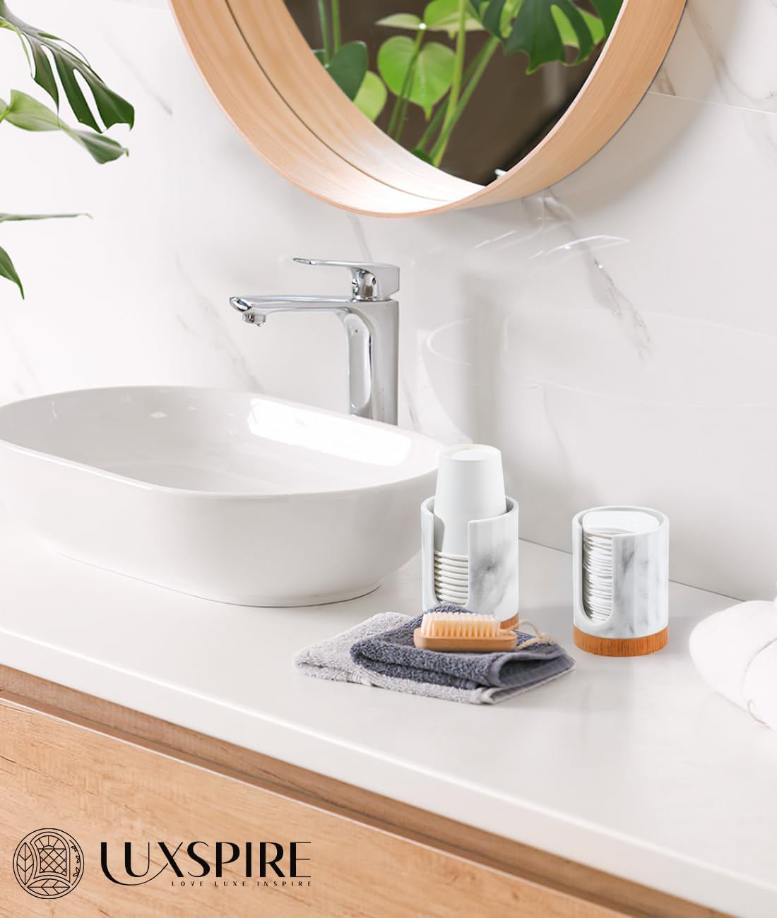 Luxspire Dixie Cup Dispenser, 5-7oz Bathroom Cup Dispenser, Marble Resin Dixie Cup Holder, Disposable Bathroom Paper Cup Holder, Cotton Pad Holder, Guest Bathroom Essentials, Gravel White, 1 Pack