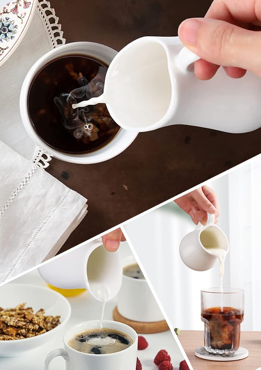 Nucookery 8 Oz Classic White Fine Porcelain Creamer with Handle,Small Creamer Pitcher For Sauces Salad Coffee Milk More,Microwave & Freezer Safe (8-Ounce, Set/1)