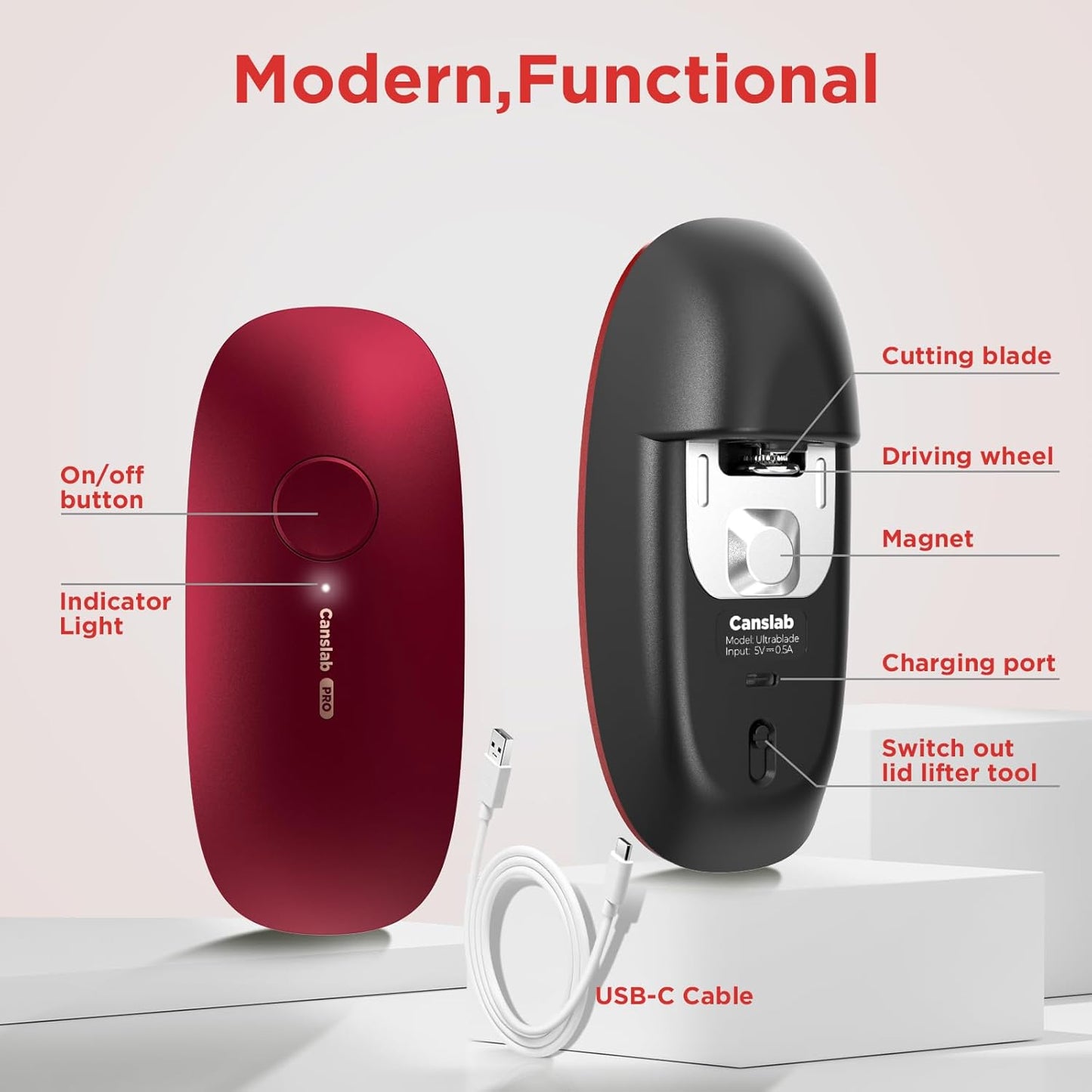 Ultrablade PRO Auto Stop Can Opener - Rechargeable Electric Can Opener for Kitchen for Seniors with Arthritis- One touch Side Cut Can Opener, Smooth Edge, Handfree, Portable Small Size, Red