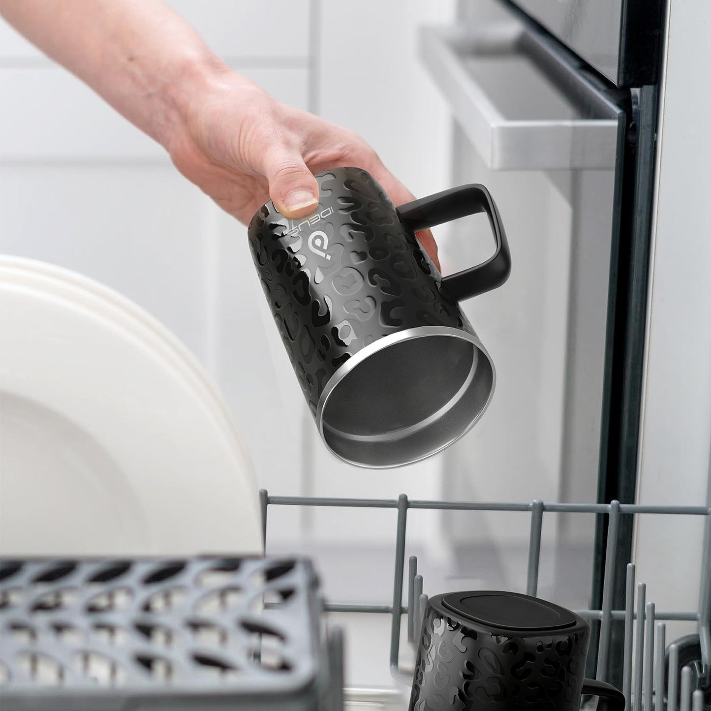 Ideus Vacuum Insulated Coffee Mug, 16oz Reusable Stainless Steel Thermal Double Walled cup with Handle and Slider Lid for Hot & Cold Beverages, BPA Free (Leapord Black)