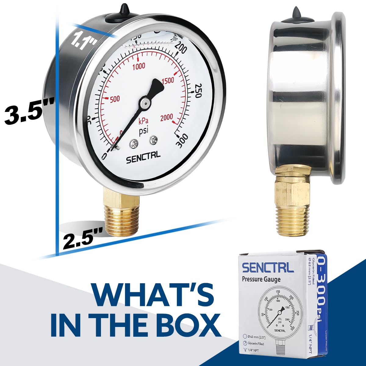SENCTRL 0-300 Psi Glycerin Liquid Filled Pressure Gauge, 2.5" Dial Size, 1/4" NPT Lower Mount, Stainless Steel Case, for Air Gas Water Oil Hydraulic Pressure Test