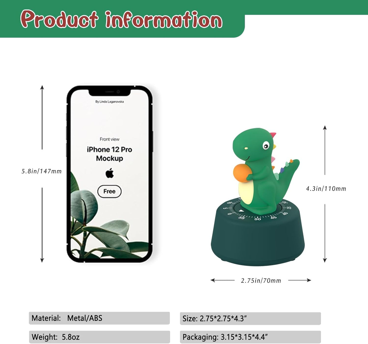 60 Minutes Mechanical Kitchen Timer,Cute Dinosaur Timer for Kids,Wind Up Egg Timer for Cooking,Reading,Classroom and Do Sports. (Dark Green)