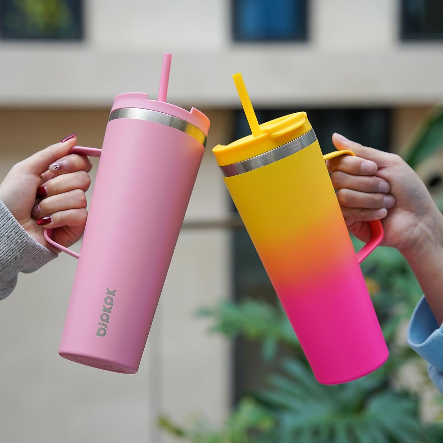 BJPKPK Insulated Tumbler with Handle, 30oz Insulated Tumblers with Lid and Straw, Stainless Steel Metal Water Bottles, Coffee Travel Mugs, Cups, Pink & Yellow Rose