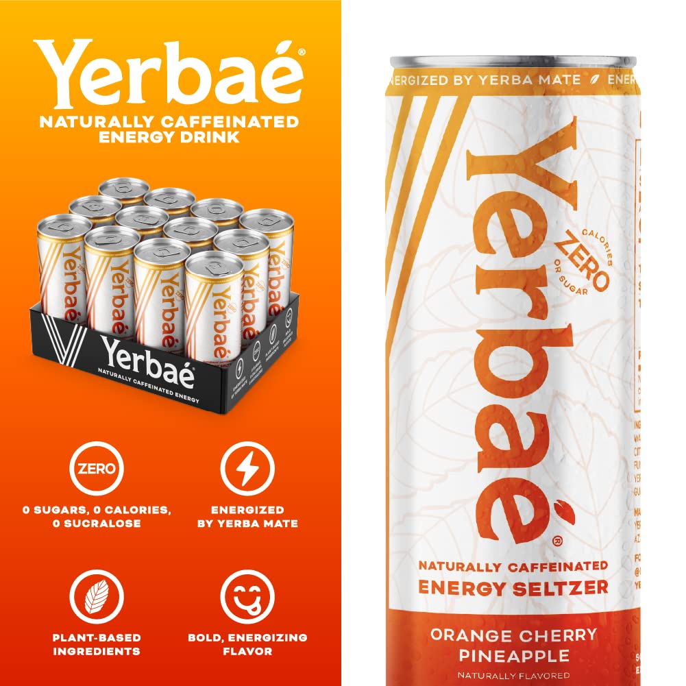 Yerbaé Energy Seltzer - Orange Cherry Pineapple No Sugar/Calories/Carbs. Energized by Yerba Mate, Naturally Caffeinated Plant-Based, Healthy Alternative to Coffee/Sugary Sodas, Pack of 12, 12oz cans