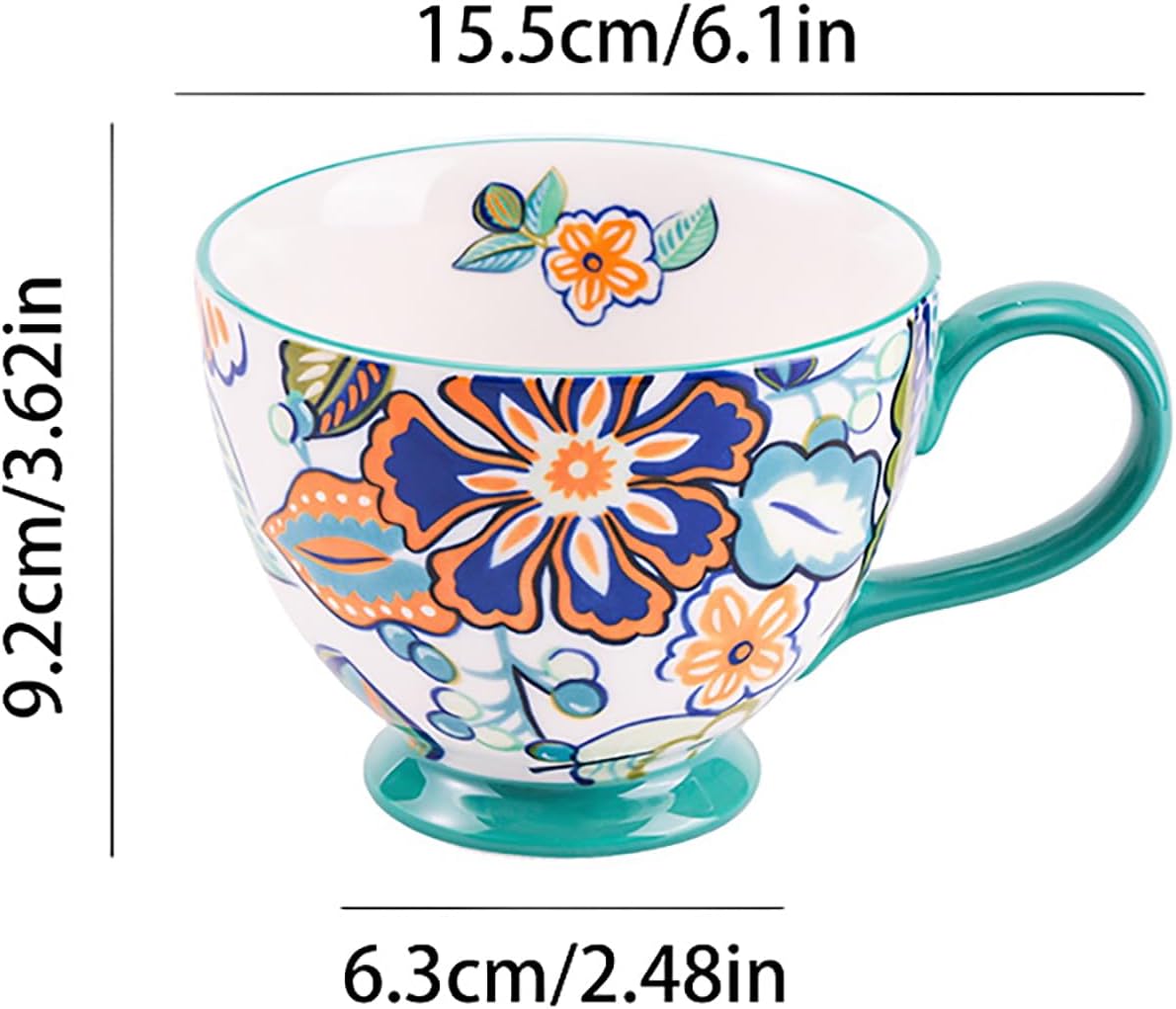 Vintage Flower Mugs โ Large Ceramic Coffee Mug (15oz) โ Cute Cereal Cup for Breakfast, Oatmeal Tea & Hot Drinks โ Handmade Ceramic Cup with Floral Design