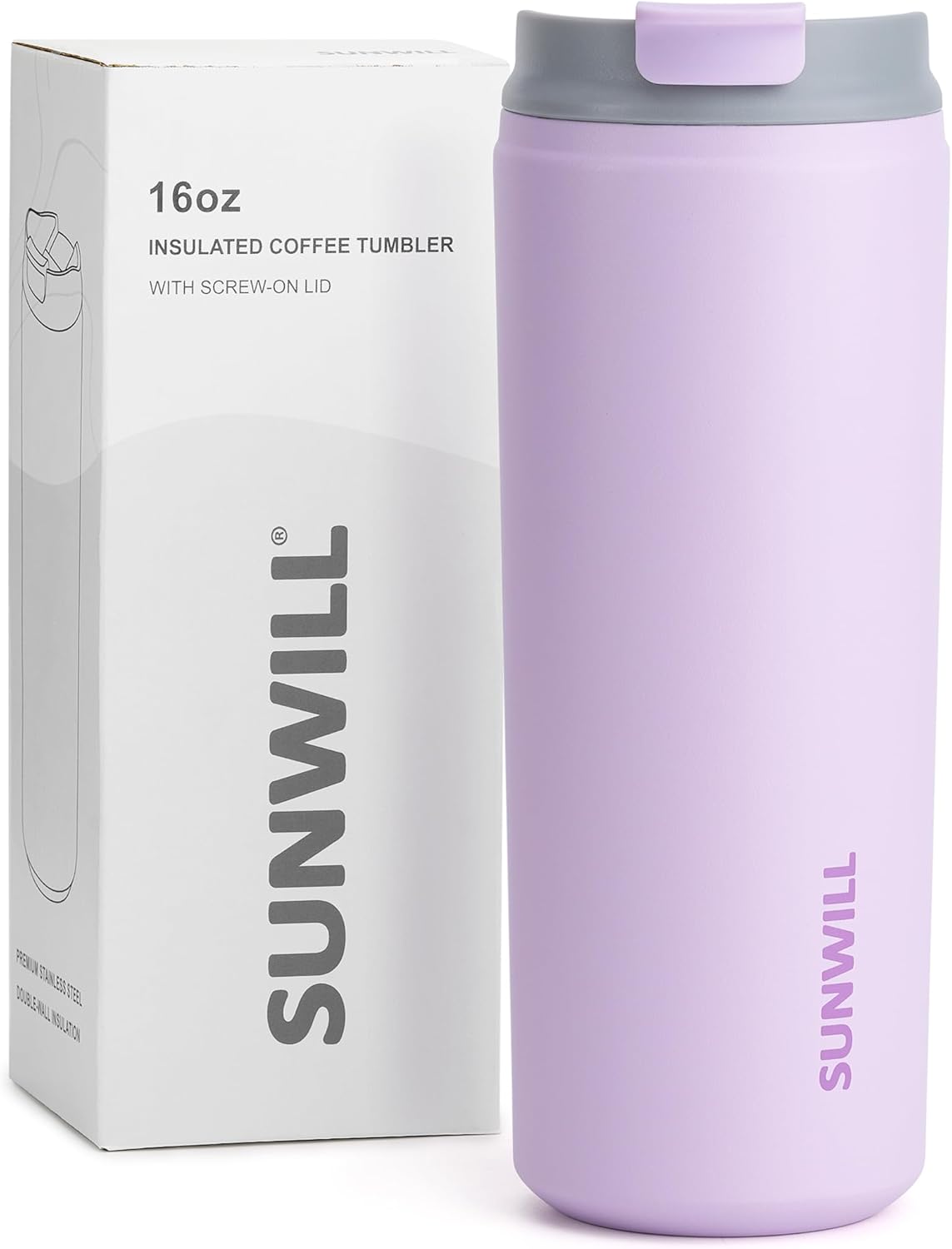 SUNWILL Travel Coffee Mug with Lid, Leak Proof Tumbler Stainless Steel, 16 oz Insulated Cup for Water, Tea, Ice, Powder Coated Lavender