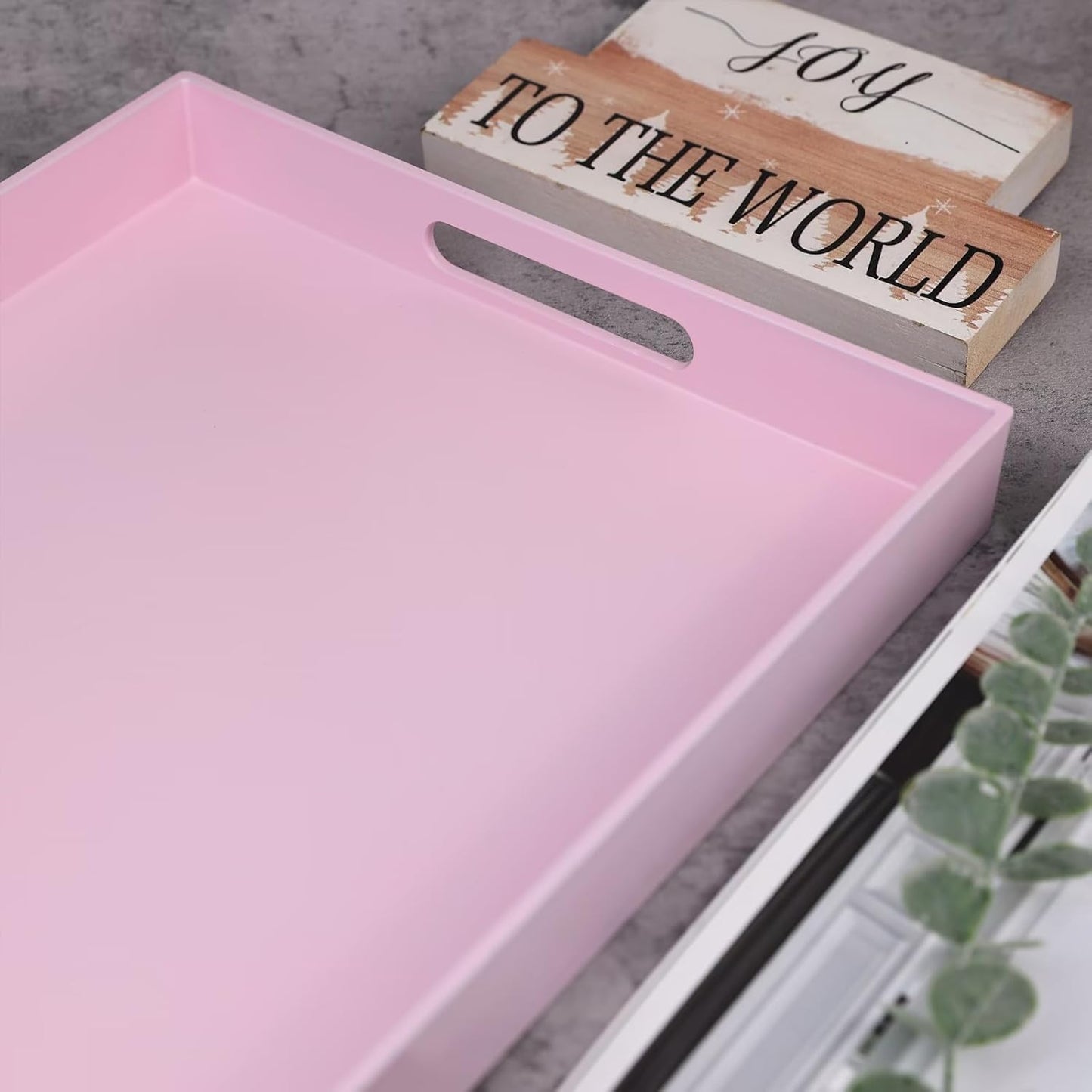 Pink Serving Tray for Coffee Table, Rectangular Plastic Decorative Tray with Handles for Entertaining, Outdoor Patio, Living Room, Ottoman, Bathroom Counter, 11.8”*15.7”*1.6”