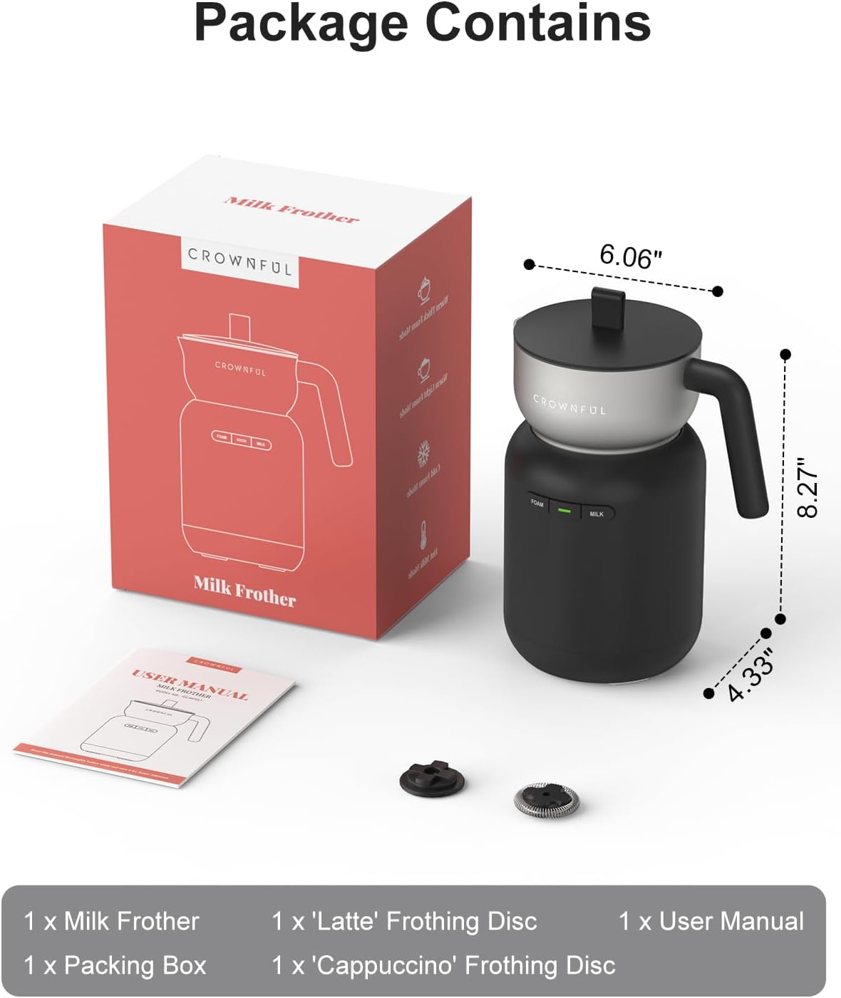 CROWNFUL Milk Frother, Electric 5-in-1 Milk Frother and Steamer with Temperature Control, Dishwasher Safe, Auto Shut-Off Frother