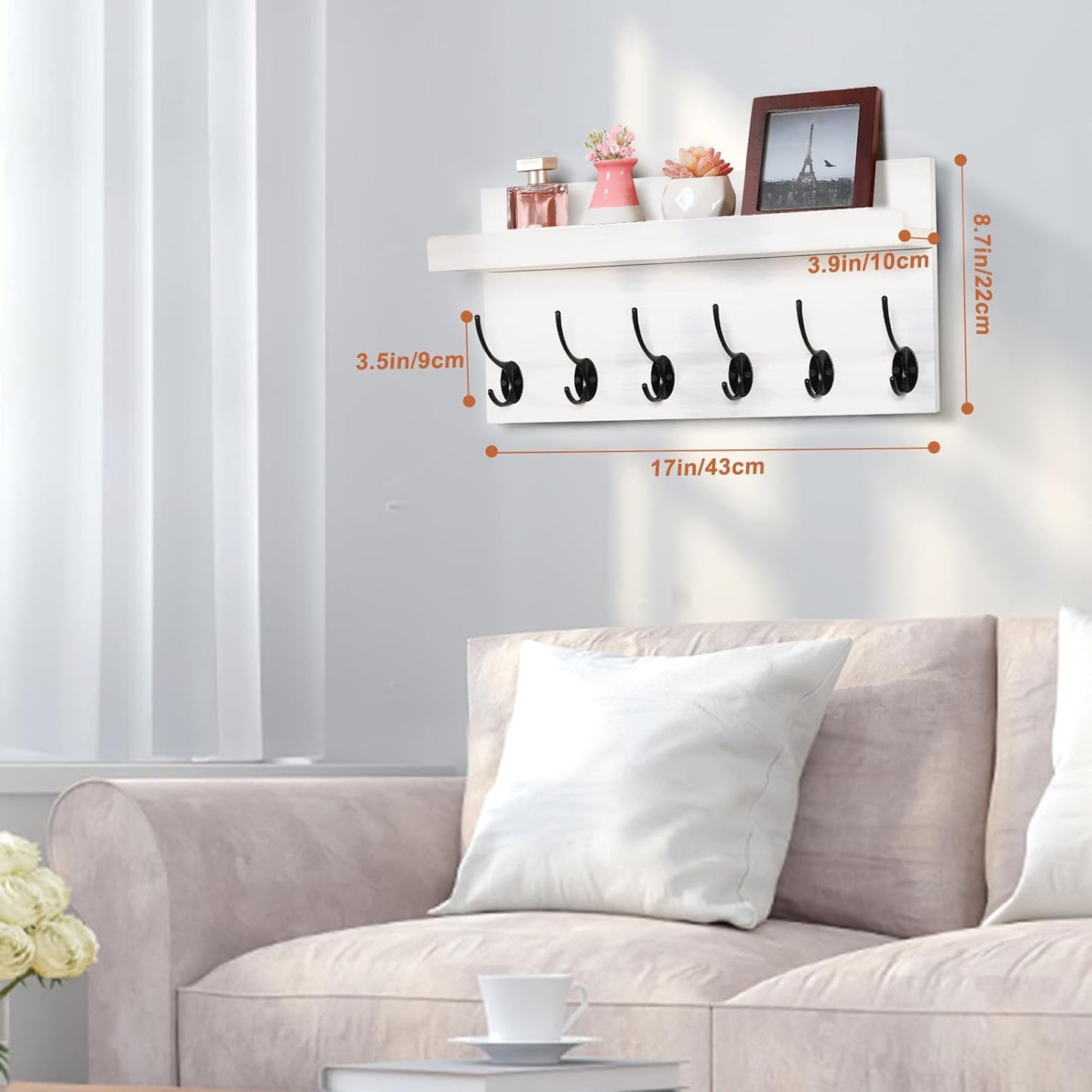Shelf with Hooks, Coat Rack Wall Mount with 6 Double Metal Hooks, 17 Inch Farmhouse Wall Hooks with Shelf for Entryway, Bathroom, Kitchen, White
