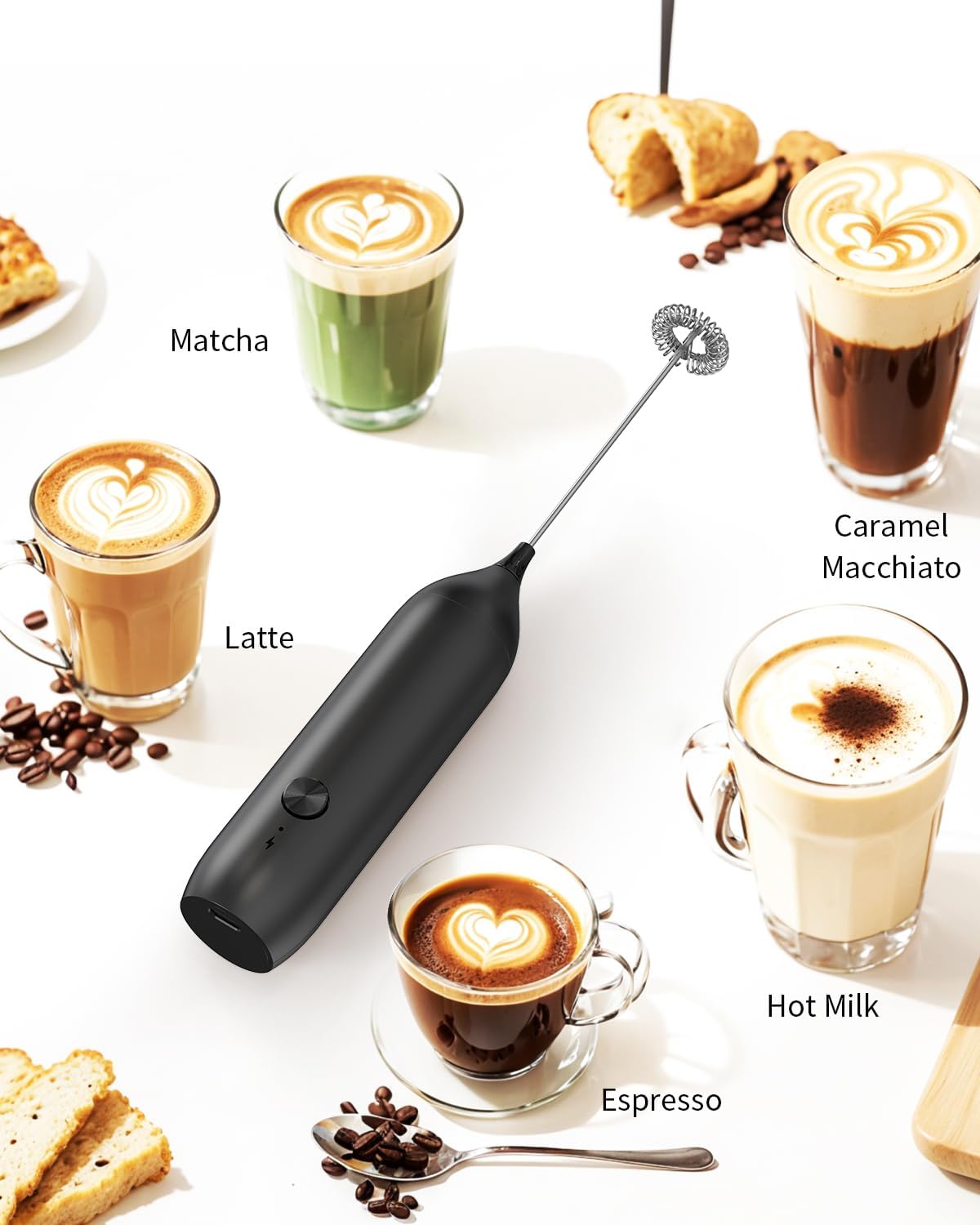 CIRCLE JOY Rechargeable Milk Frother Handheld, Coffee Frother Wand Drink Mixer with Stainless Steel Whisk for Coffee, Cappuccino, Lattes, Frappe, Matcha and Hot Chocolate, Black