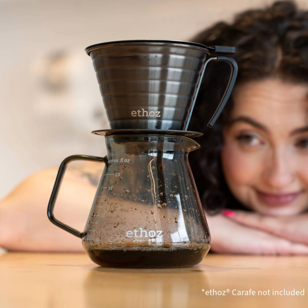 Ethoz® Pour Over Coffee Maker – Sustainable Stainless Steel Pour Over with Built-In Reusable Filter, Flat/Convex Bottom for Even Extraction, Eco-Friendly Design, Precision Anywhere Brewing