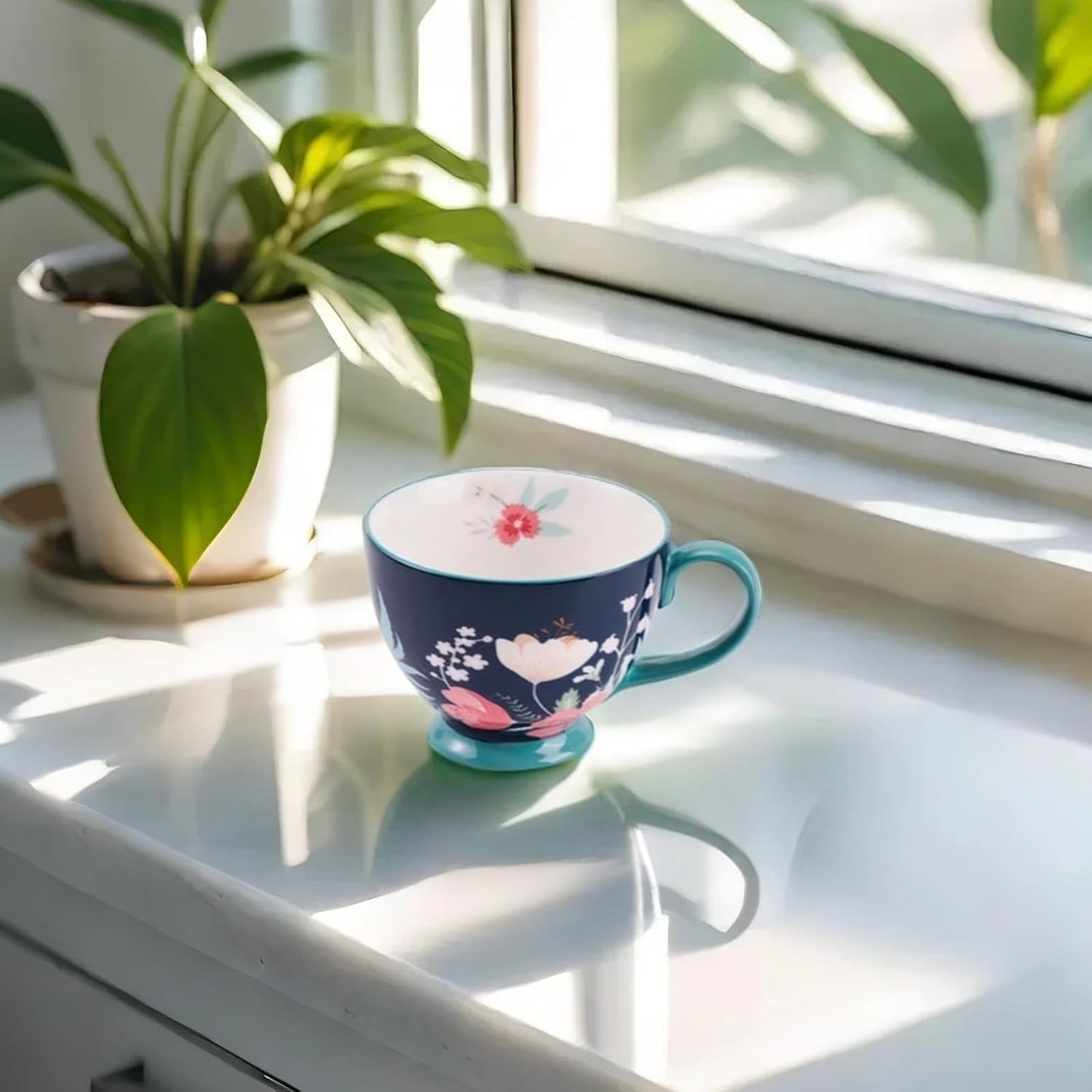 Vintage Flower Mugs โ Large Ceramic Coffee Mug (15oz) โ Cute Cereal Cup for Breakfast, Oatmeal Tea & Hot Drinks โ Handmade Ceramic Cup with Floral Design