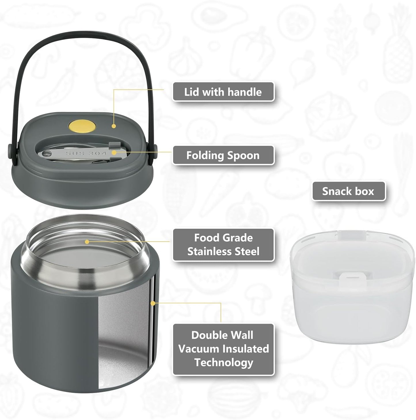 2 - in - 1 Soup Thermo for Hot Food 14oz with Snack Box Container Leak Proof Insulated Lunch Container Kids and Adults Stainless Steel Double Wall Vacuum Wide-mouth Thermal with Spoon and Handle