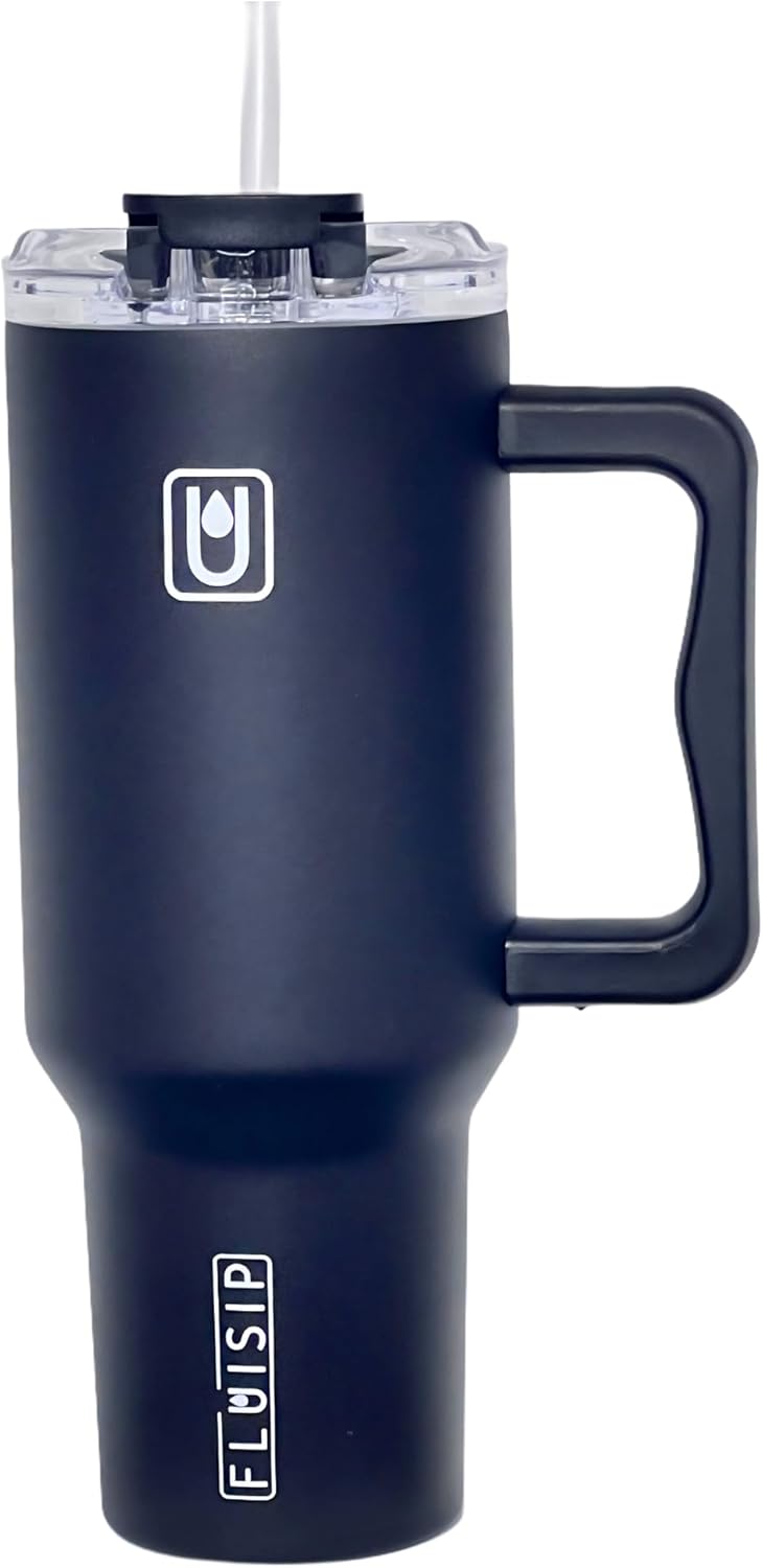 40 oz Insulated Tumbler with Handle, Stainless Steel, Leakproof Lid and Straw, Cup Holder Friendly (Black)
