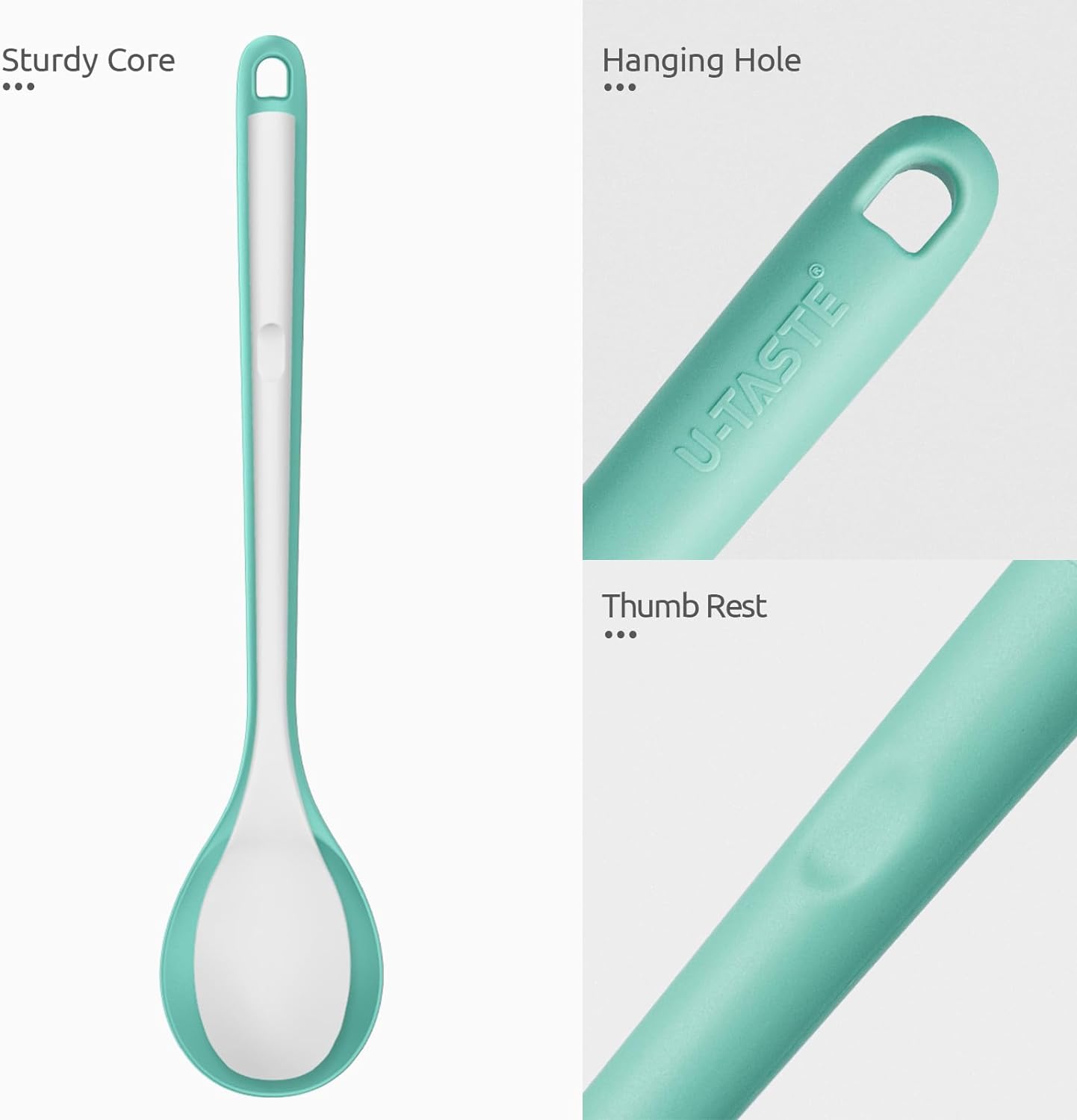 600ºF Heat Resistant Silicone Spoons: U-Taste 13.3in Solid & Slotted Kitchen Cooking Tool, Nonstick Long Rubber Utensil, Sturdy for Mixing, Serving, Stirring, Frying, Basting (Aqua Sky, 2PCS)