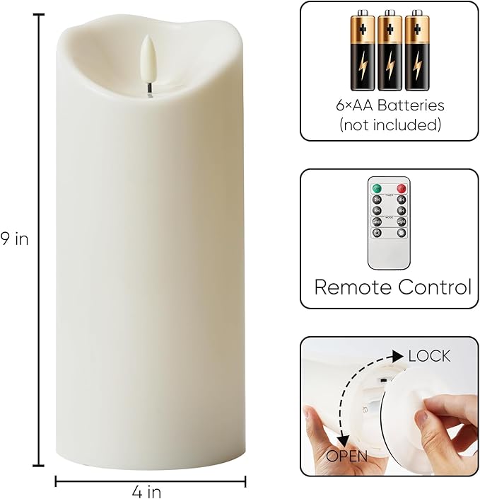 Homemory 4"x9" Outdoor Waterproof Flameless Candles with Timers and Remote Control, Battery Operated Candles, LED Plastic Candles, Ivory White, Set of 2