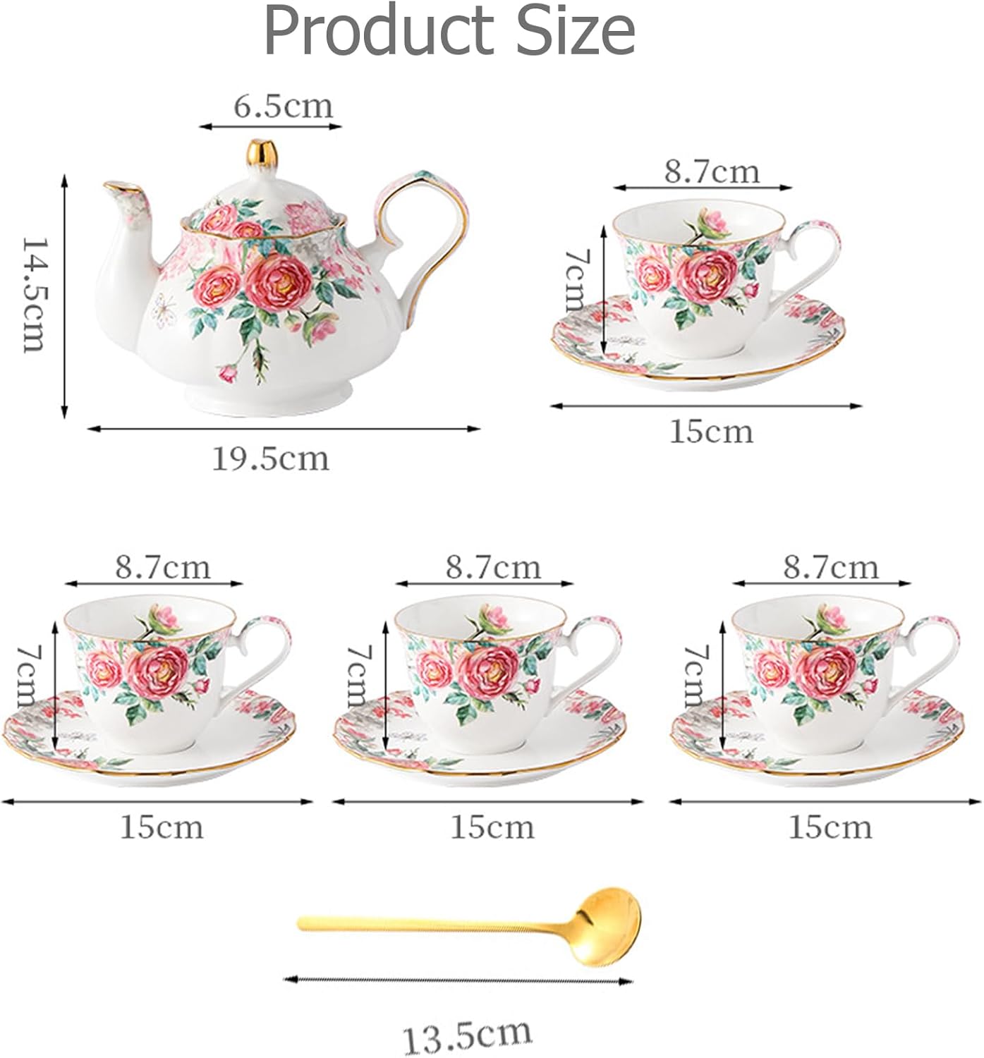 Bone China Tea Set, Vintage Floral Coffee Cups and Tea Sets, Porcelain Tea Set With Teapot for Women Tea Party British, Christmas Gifts(Pink)