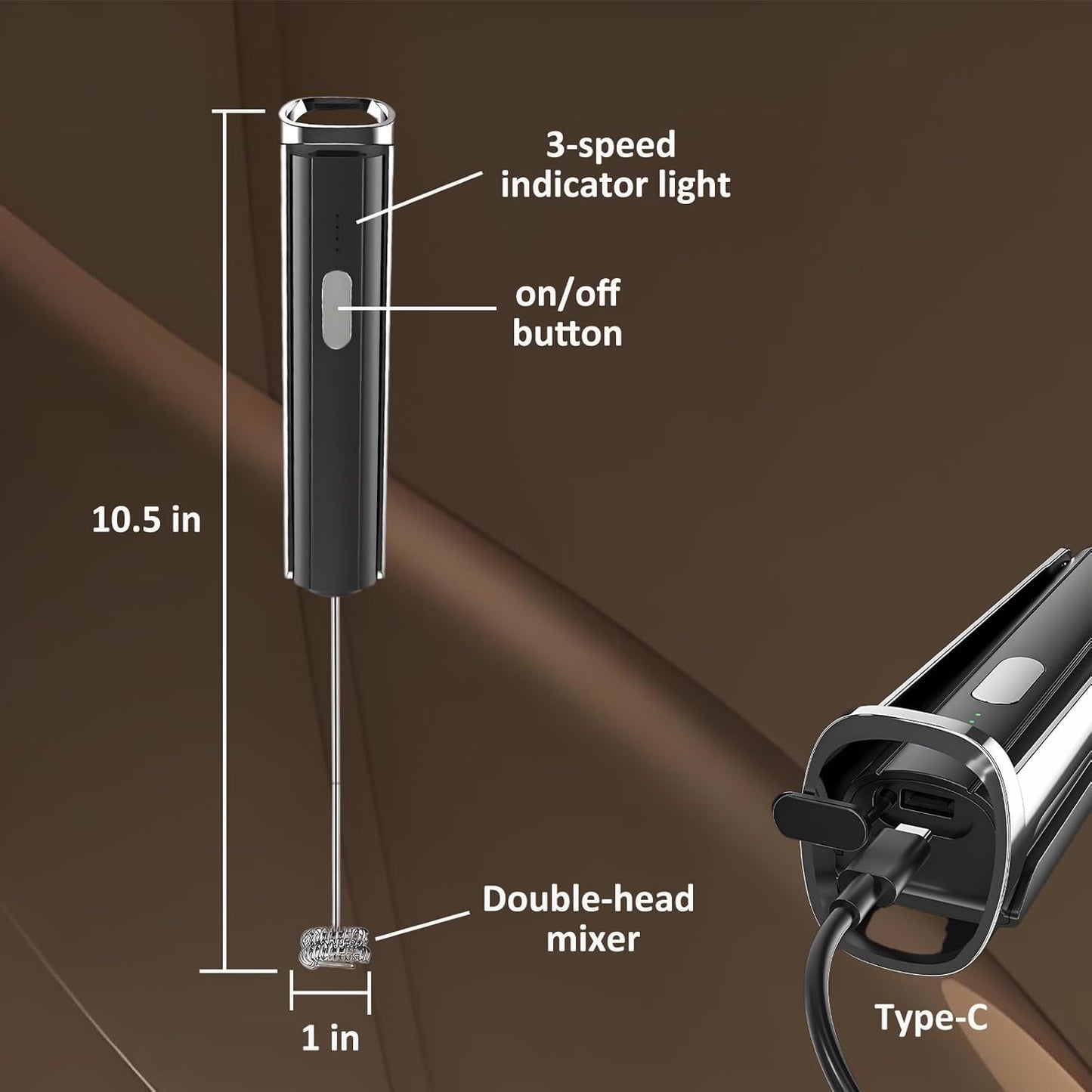 Electric Milk Frother Handheld & Stand, Rechargeable with Detachable Whisk - Fast Foam Maker for Latte, Cappuccino, Hot Chocolate, Egg – Black