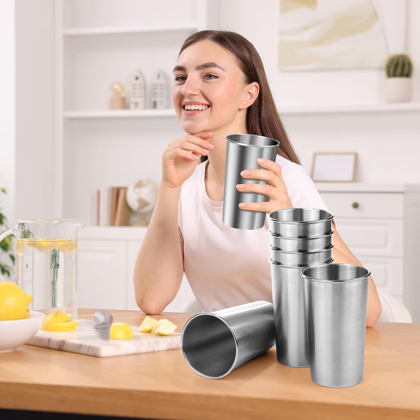 Ruisita 6 Pack 20 oz Stainless Steel Cups Metal Shatterproof Stackable Pint Drinking Cups for Adults or Kids (20 oz/600 ml)