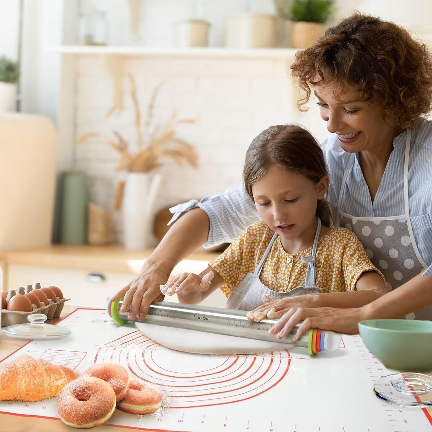 Stainless Steel Rolling Pin and Silicone Mat Set, Adjustable Thickness Rings - For Baking Dough, Pizza, Pies, Pastries, Pasta, Cookies