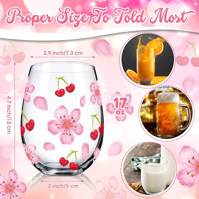 Sliner 2 Pack 17oz Cherry and Flower Stemless Wine Glasses Cherry Blossom Drinking Glasses Floral Tumbler Cups for Women Birthday Anniversary Gift Parties Supplies
