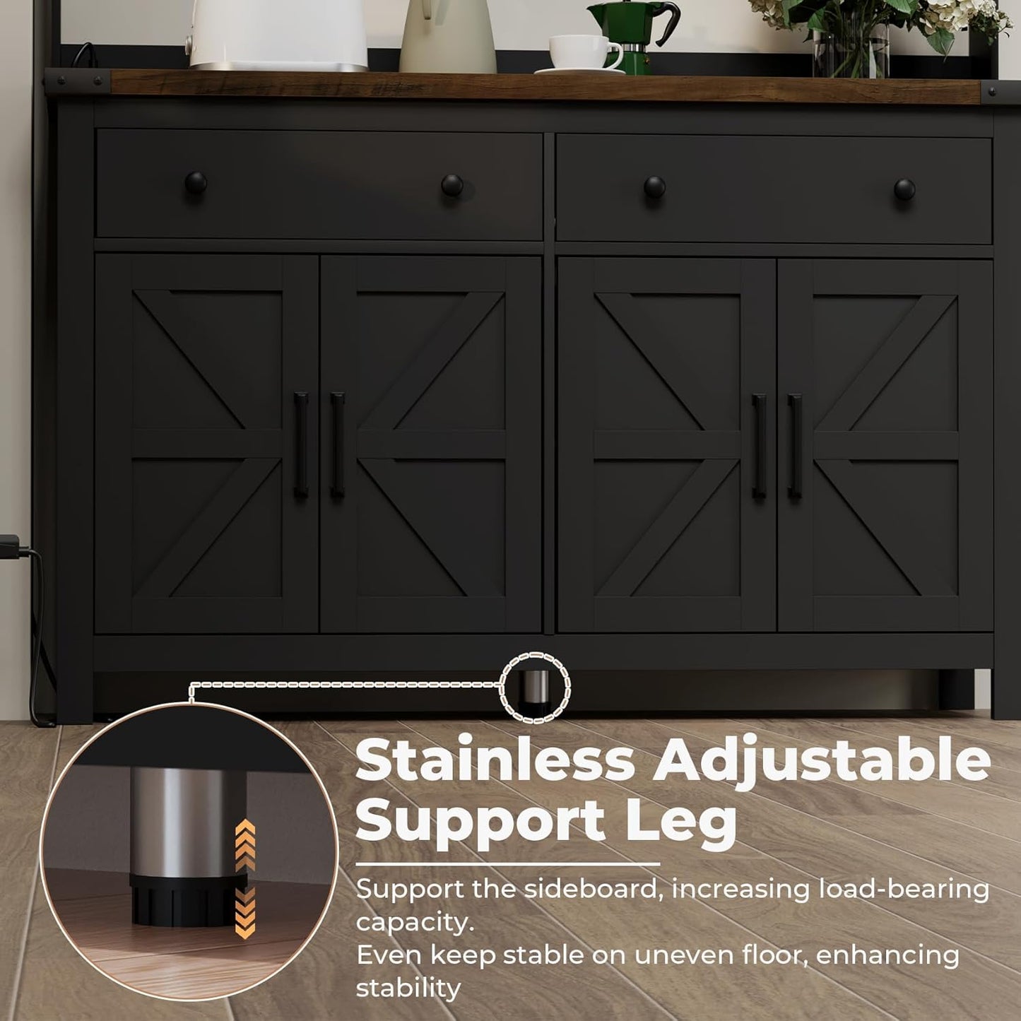 Hutch Storage Cabinet Buffet with Drawers, and Charging Station, Coffee Bar Cabinet with Barn Doors, Wine Rack and Hooks, Countertop, Long Farmhouse, Black, for Kitchen, Dining Room, 54.1" High