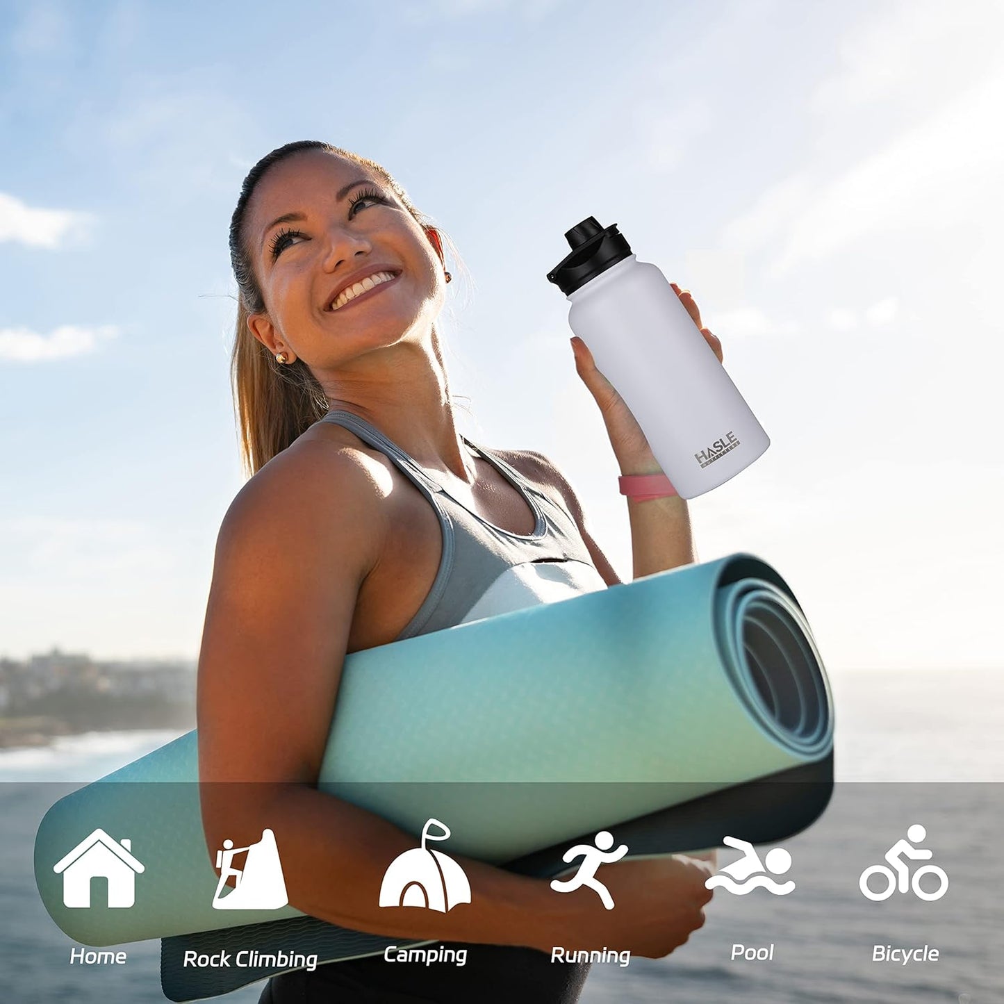 HASLE OUTFITTERS 32 oz Insulated Water Bottle Stainless Steel Double Walled Vacuum Sports Water Bottle with 2 Lids (Straw and Spout Lid) for Gym Camping Hiking(White,4)