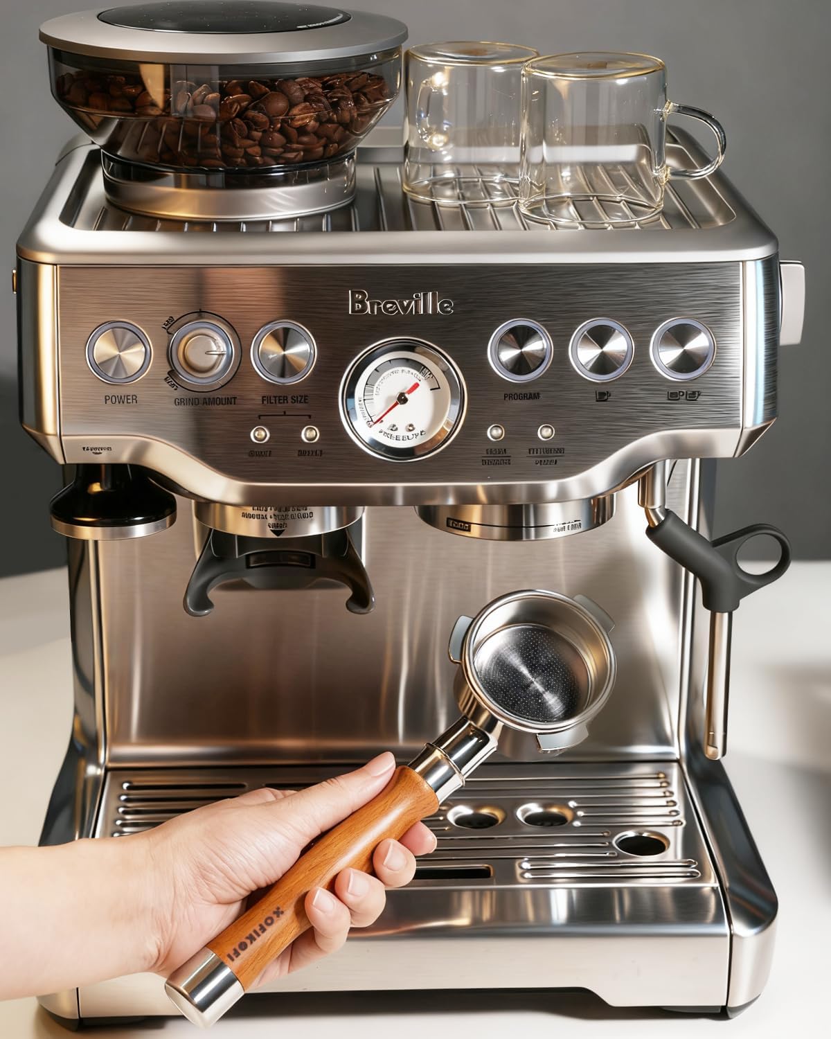 54mm Bottomless Portafilter 3 Ears, Bottomless Naked Portafilter Compatible with Breville/Sage Barista Express BES870/876/878/880/881/450/500/810/840, with Puck Screen and 18g Filter Basket - Rosewood