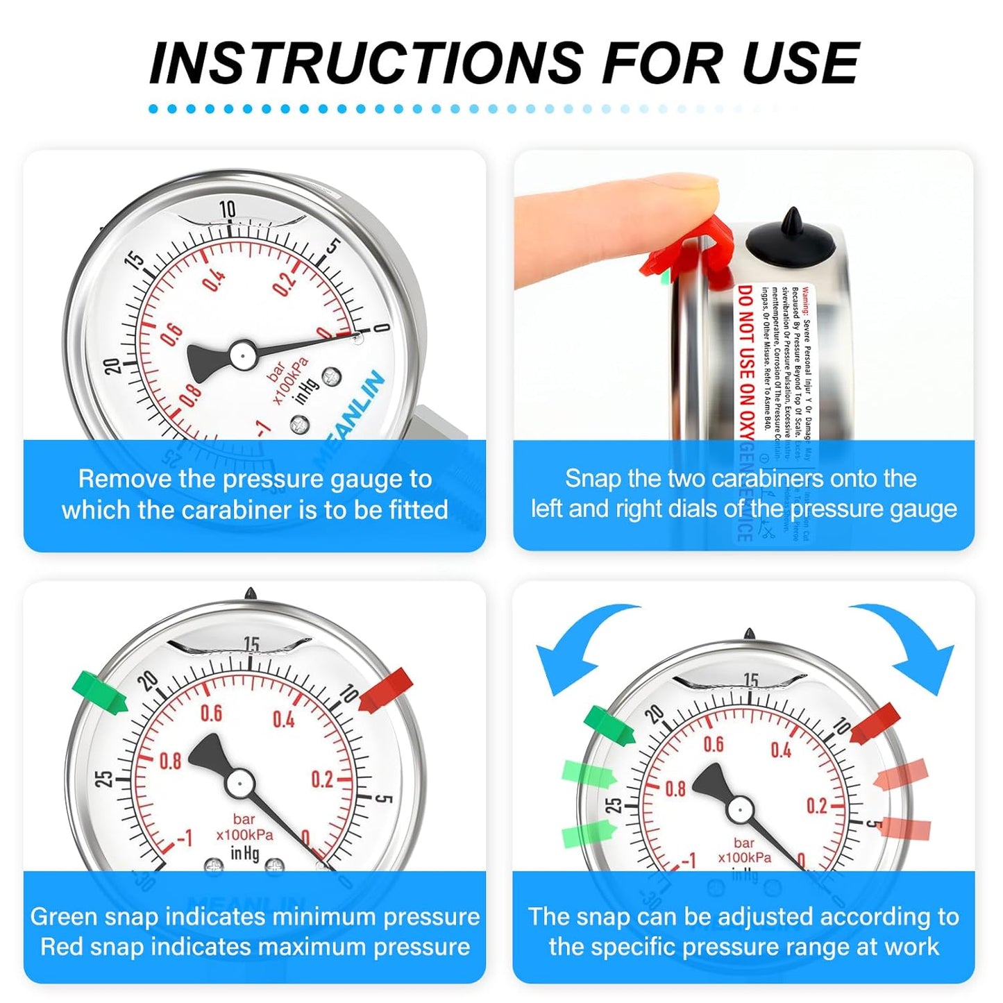 MEANLIN MEASURE -30inHG~0Psi Vacuum Pressure Gauge 316 Stainless Steel Joint 1/4"NPT 2.5"FACE DIAL, Liquid Filled Pressure Gauge WOG Water Oil Air Lower Mount with Stainless Steel Hex Bushing, Snaps