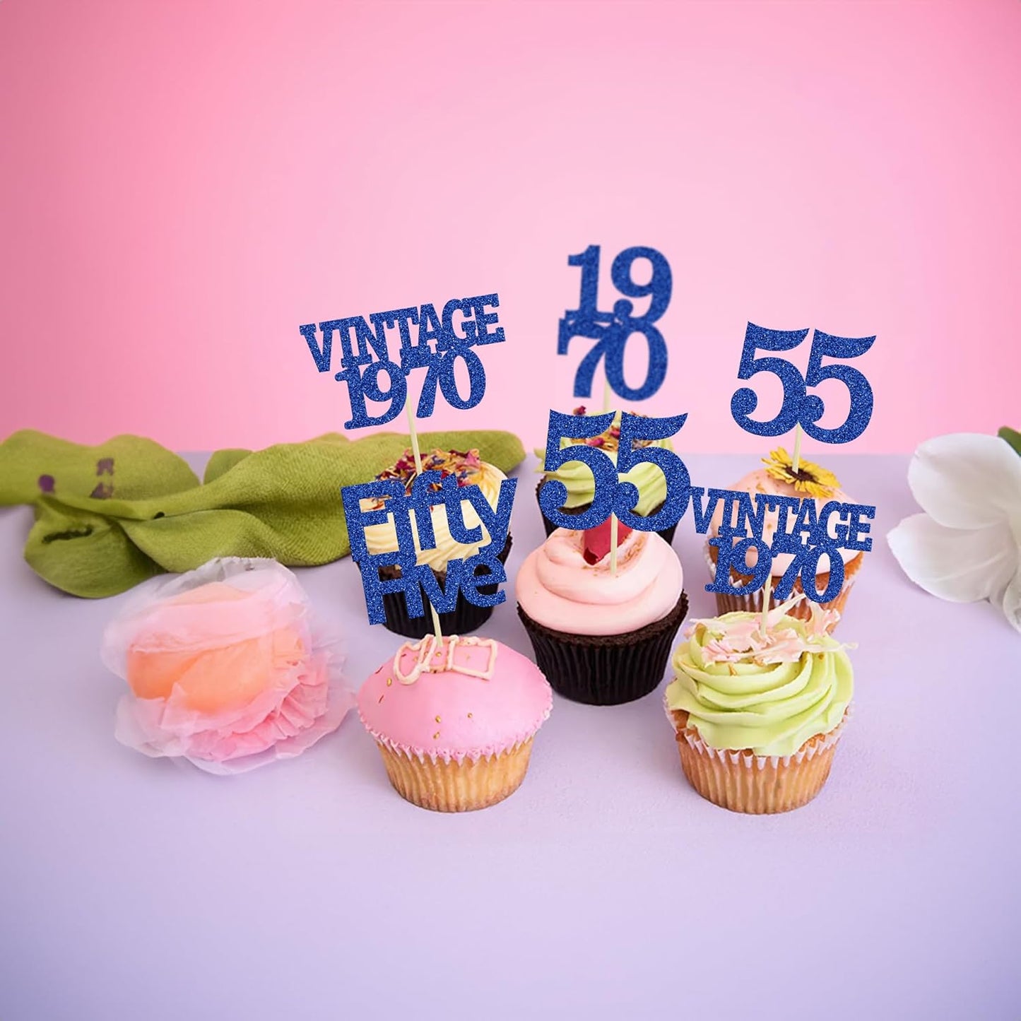 Gyufise 24Pcs Vintage 1970 Cupcake Toppers Glitter Cheers to 55 Fabulous Fifty Five Cupcake Picks 55th Birthday Wedding Anniversary Party Cake Decorations Supplies Deep Blue