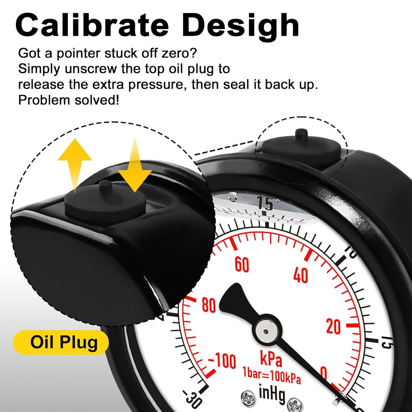 2.5 Inch Vacuum Gauge -30 inHg -100Kpa,304 Stainless Steel Case, Liquid Filled Vacuum Gauge, 2.5" Dial, 1/4" NPT Lower Mount, Vacuum Pressure Gauge for HVAC, Vacuum Pump,Vacuum Pressure Test