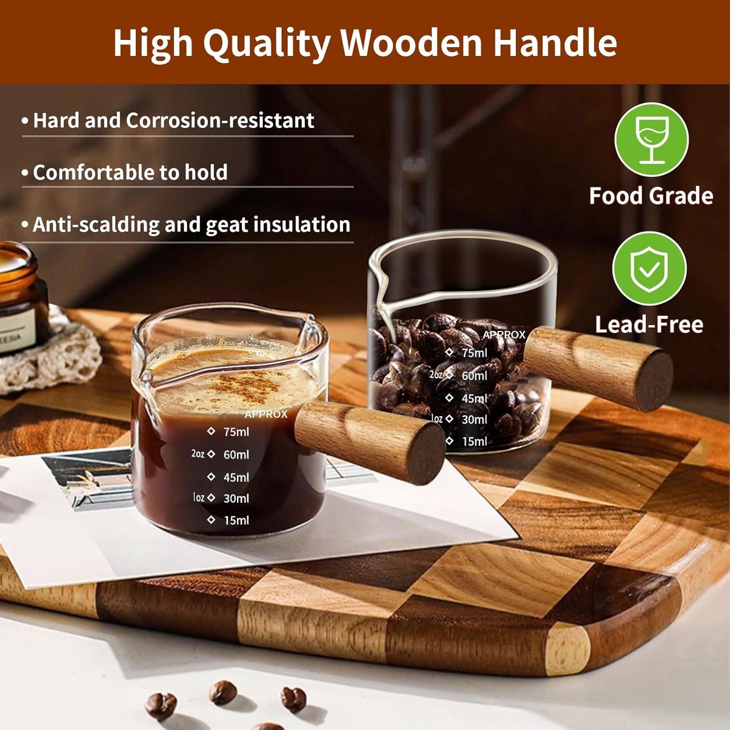 YARRAMATE 3.4oz Espresso Shots Cup with Wood Handle, Clear Glass Espresso Measuring Cup with Dual Scale, Shot Glass with Single Spout
