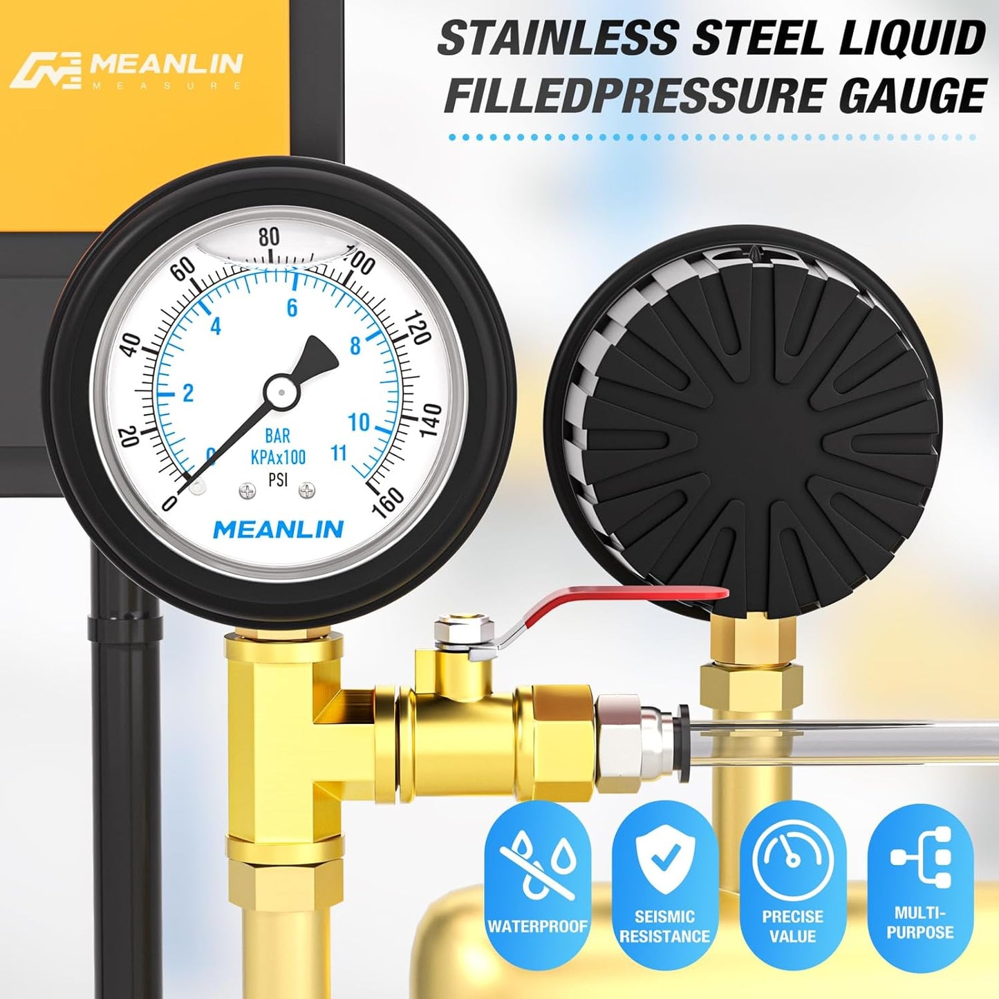 MEANLIN MEASURE 0~160Psi Stainless Steel Liquid Filled Pressure Gauge 1/4" NPT 2.5" FACE DIAL with Rubber Protective Sleeve, Lower Mount