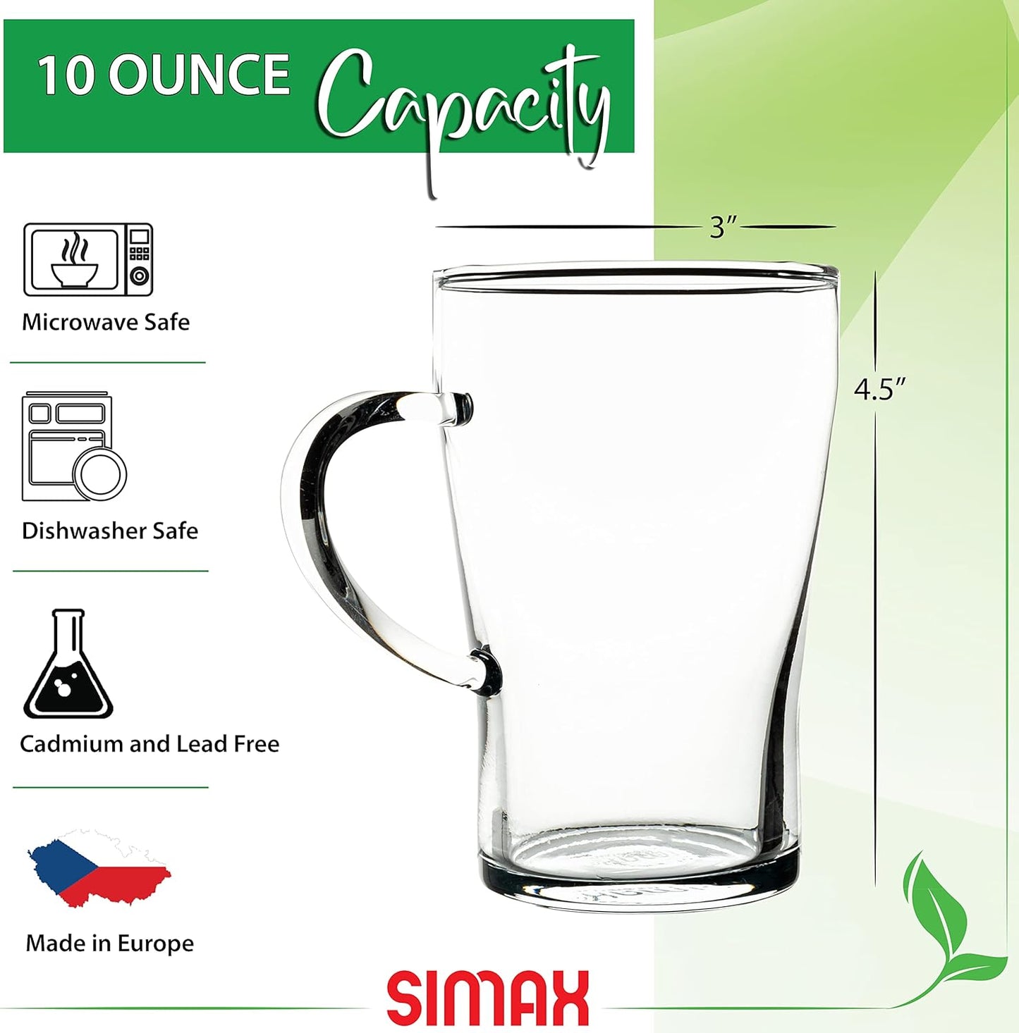 Simax Glassware Clear Glass Coffee Mug Set | Cold, Heat, and Shock Resistant Borosilicate Glass, Microwave and Dishwasher Safe, Includes Four (4) 10 Ounce Cups