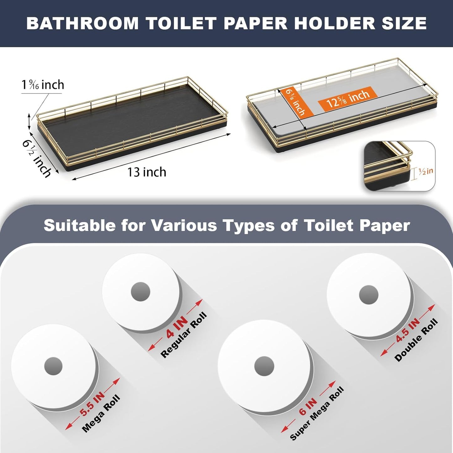 Oak Bathroom Toilet Tank Tray, 13" Paper Storage Basket Tray Back of Toilet Basket Organizer, for Perfume Makeup Candle Kitchen Counter Coffee Table Gold Decor