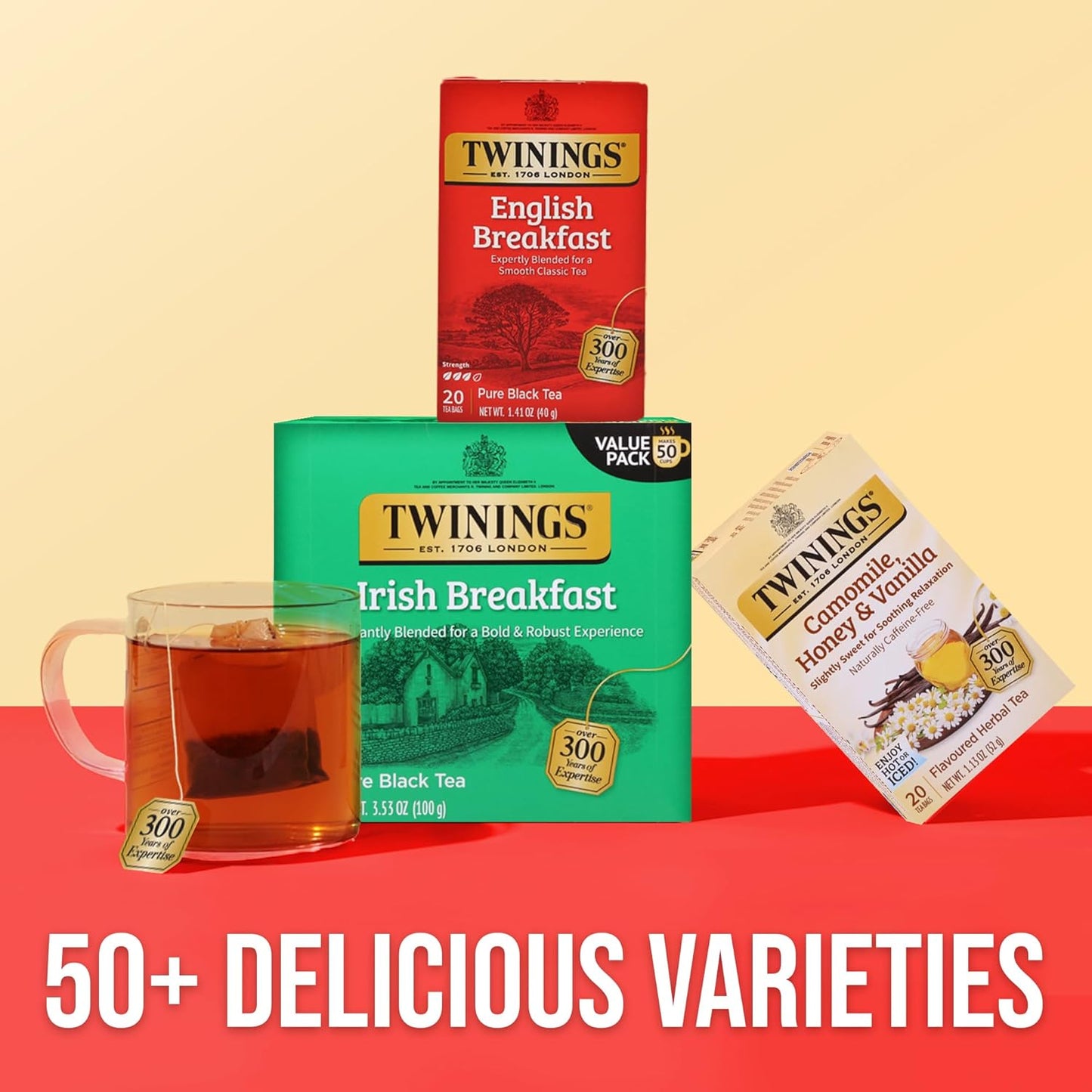 Twinings Irish Breakfast Black Tea Individually Wrapped Bags, 50 Count (Pack of 6), Flavourful, Bold, Robust, Caffeinated, Enjoy Hot or Iced, 300 Teabags