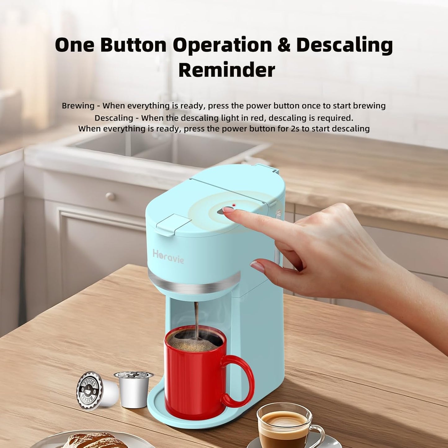 Mini Single Serve Coffee Maker for K Cup and Ground Coffee, Fast Brew One Cup Coffee Machine with Descaling Reminder and Water Window, 6 to 12 oz. Brew Sizes, Light Blue