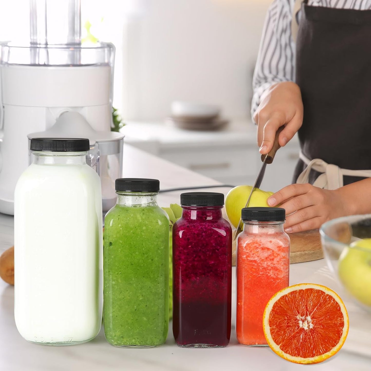 12 oz Glass Juice Bottles with Lids 6 Pack,Reusable Glass Drink Bottles,350ml Water Drinking Jars for Milk,Juicing,Kombucha,Ginger,Beverage Glassware,Juice Drinking Jars