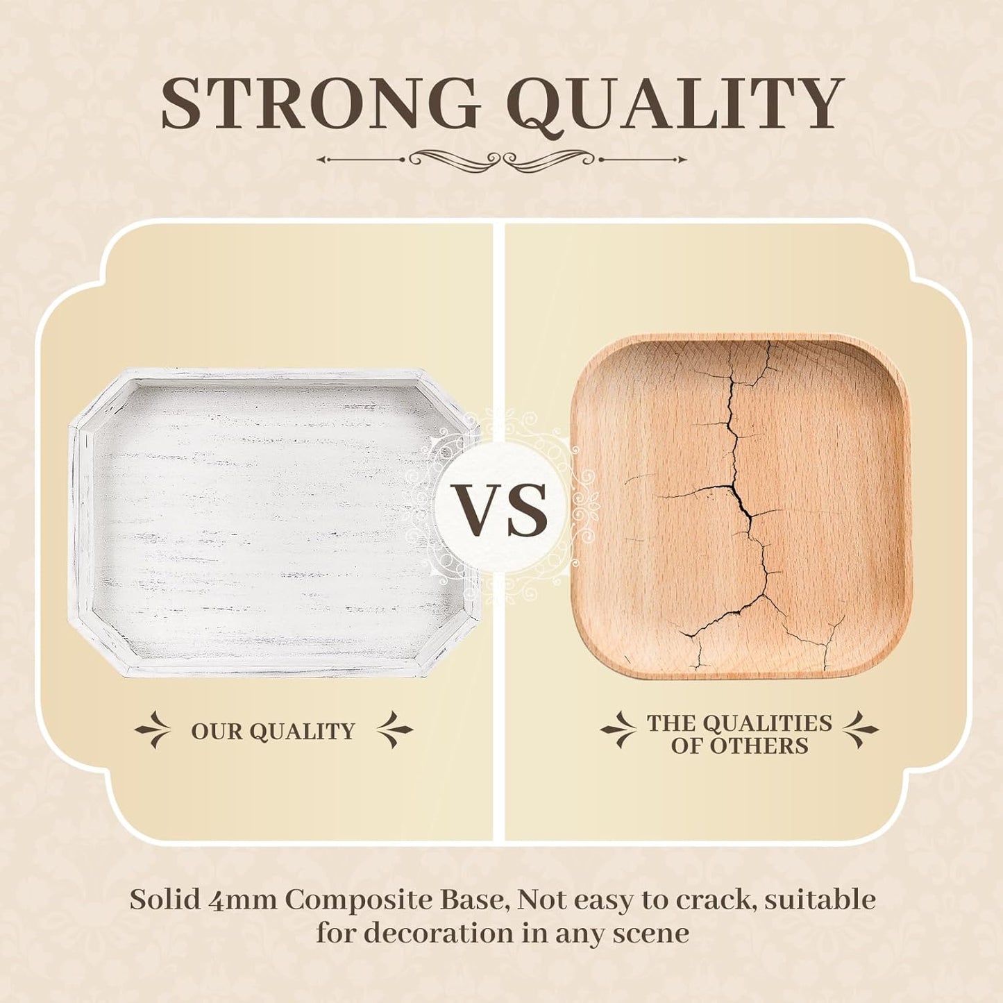 Wooden Decorative Tray, Rustic Serving Tray with Wood Bead, Farmhouse Big Tray for Ottoman, Countertop, Coffee Tabl, 16.5" x 13"x 1.6" (Retro White)