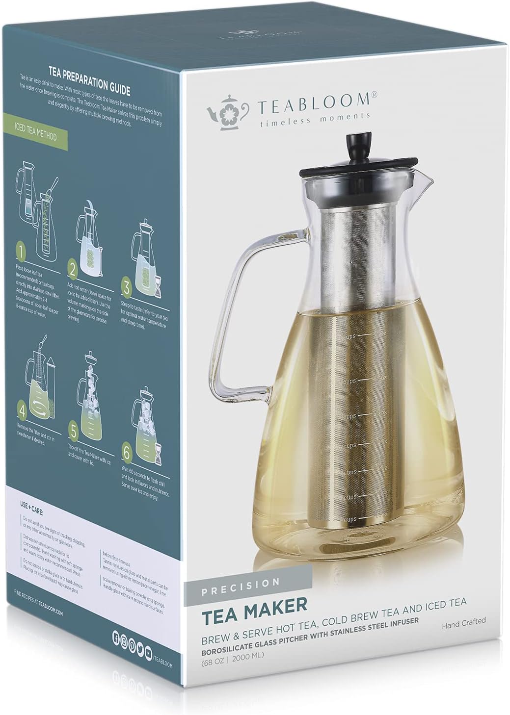 Teabloom Extra-Large Multi-Brew Glass Teapot + Kettle + Pitcher (68 OZ / 2.0 L / 8 CUPS) – For Hot Tea, Iced Tea, Cold Brew Tea and Fruit Infused Water – Volume Markings For Precise Brewing