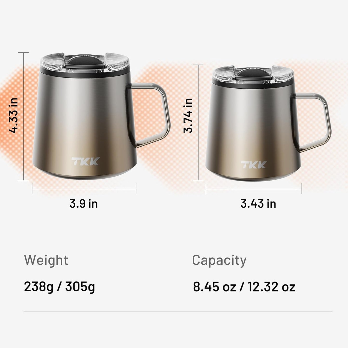 TKK 12 oz Insulated Coffee Mug with Handle Ceramic Coating Detachable Slider Lid Stainless Steel Tumbler Double Wall Vacuum Travel Cup