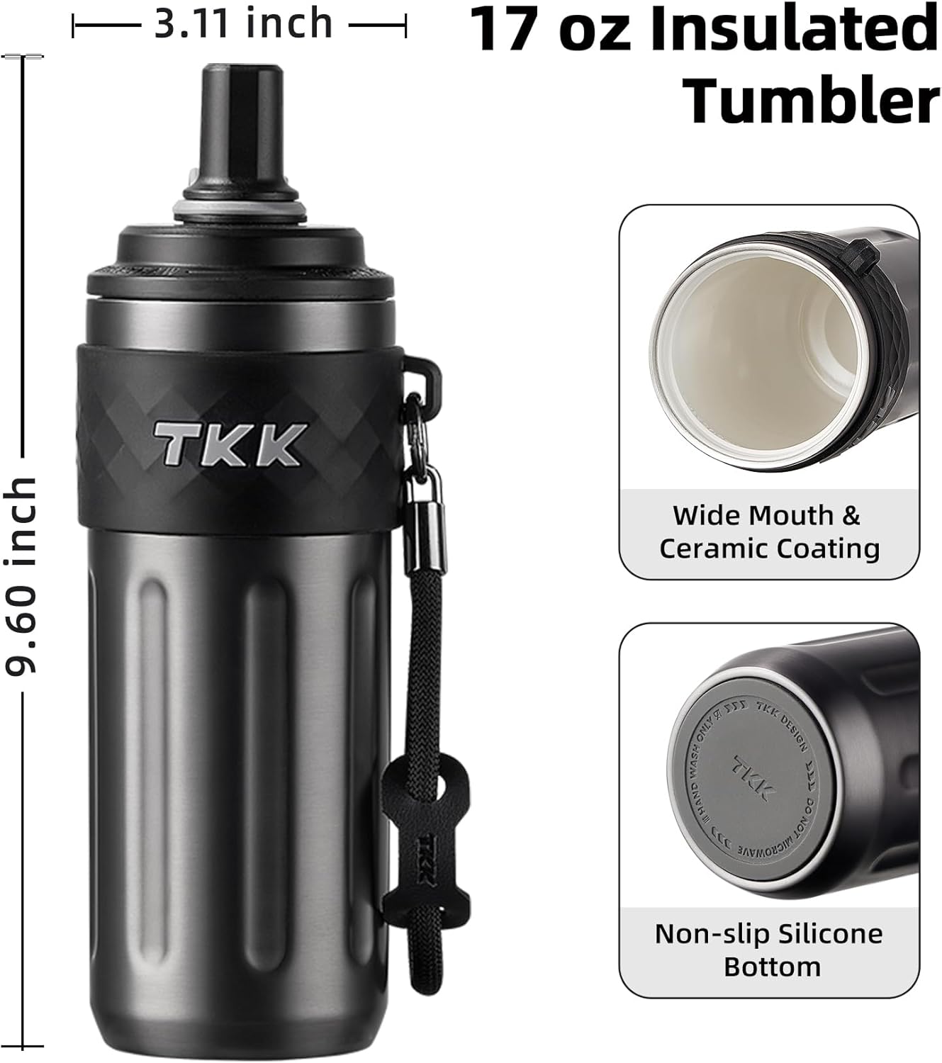 TKK 17 OZ Travel Tumbler Ceramic Lining with Straw Lid, Stainless Steel Vacuum Insulated Double Wall Coffee Tumbler, Leak Proof Iced Water Bottle with Carry Strap for Hot & Cold Drinks, Tungsten Steel