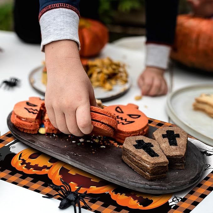Honoson 100 Pieces Halloween Placemats Happy Halloween Fall Pumpkin Placemats Paper Halloween Place Mats Spooky Ghost Buffalo Plaid Kitchen Mat Double Sided Dinner Table Mats, 14 x 10 Inch