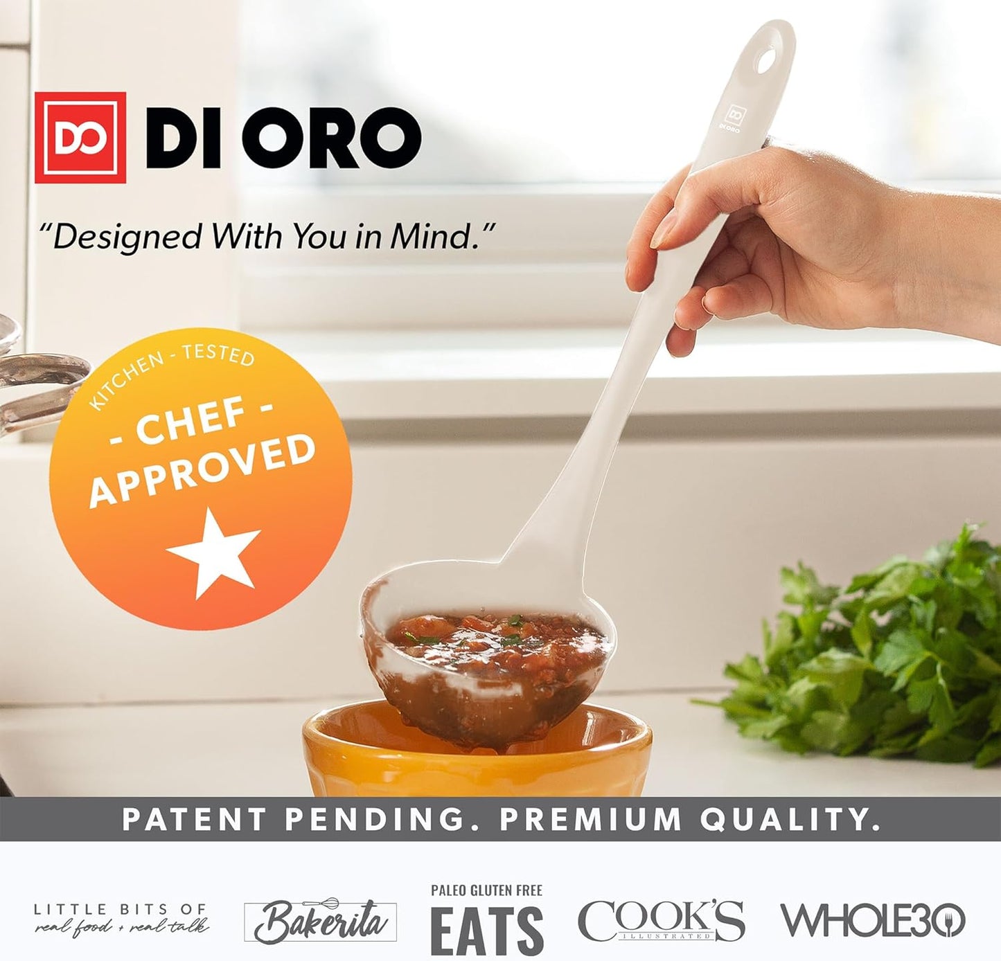 DI ORO Silicone Ladle – Soup Ladle for Cooking & Serving Heat-Resistant - Large Kitchen Soup Ladle Nonstick Cookware Safe - Soup Serving Spoon with Wide Bowl - Silicone Utensil Dishwasher Safe (Clay)