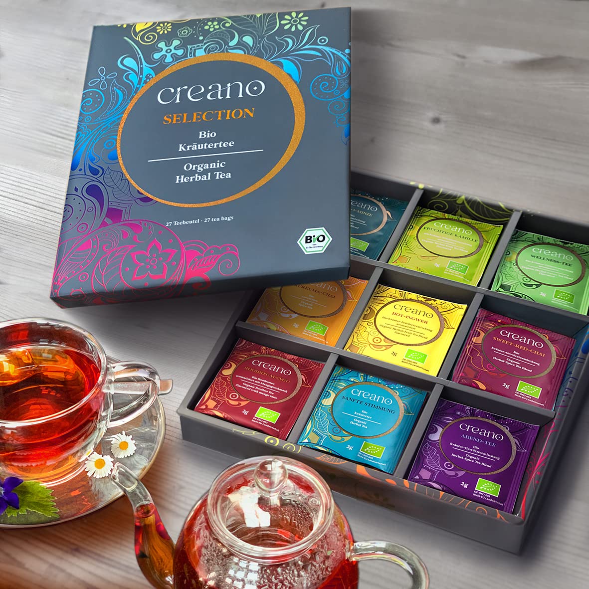 Creano Organic Herbal Tea Sampler Gift Set - Tea Gift Box - 27 Organic Tea Bags in 9 Different Varieties 54 g