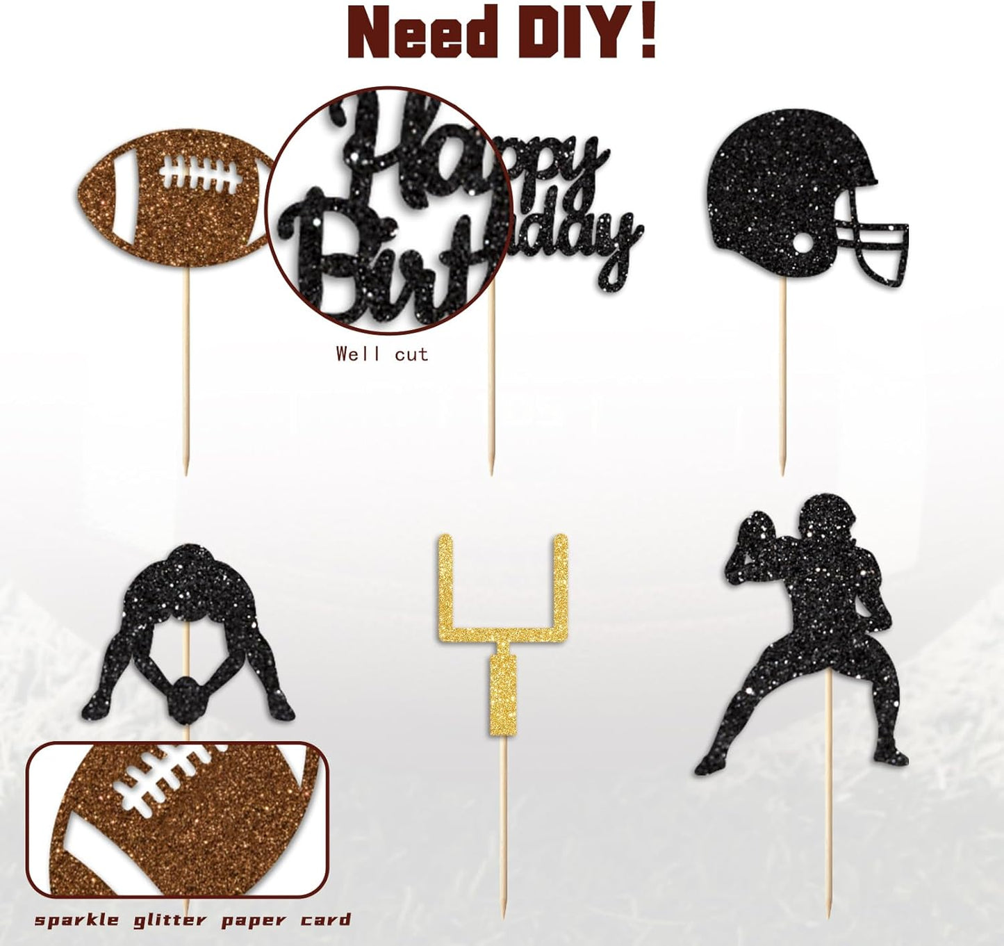 36PC Football Cupcake Toppers for Birthday,Glitter Football Cake Toppers for Boys Birthday,Football Birthday Party Decorations Supplies