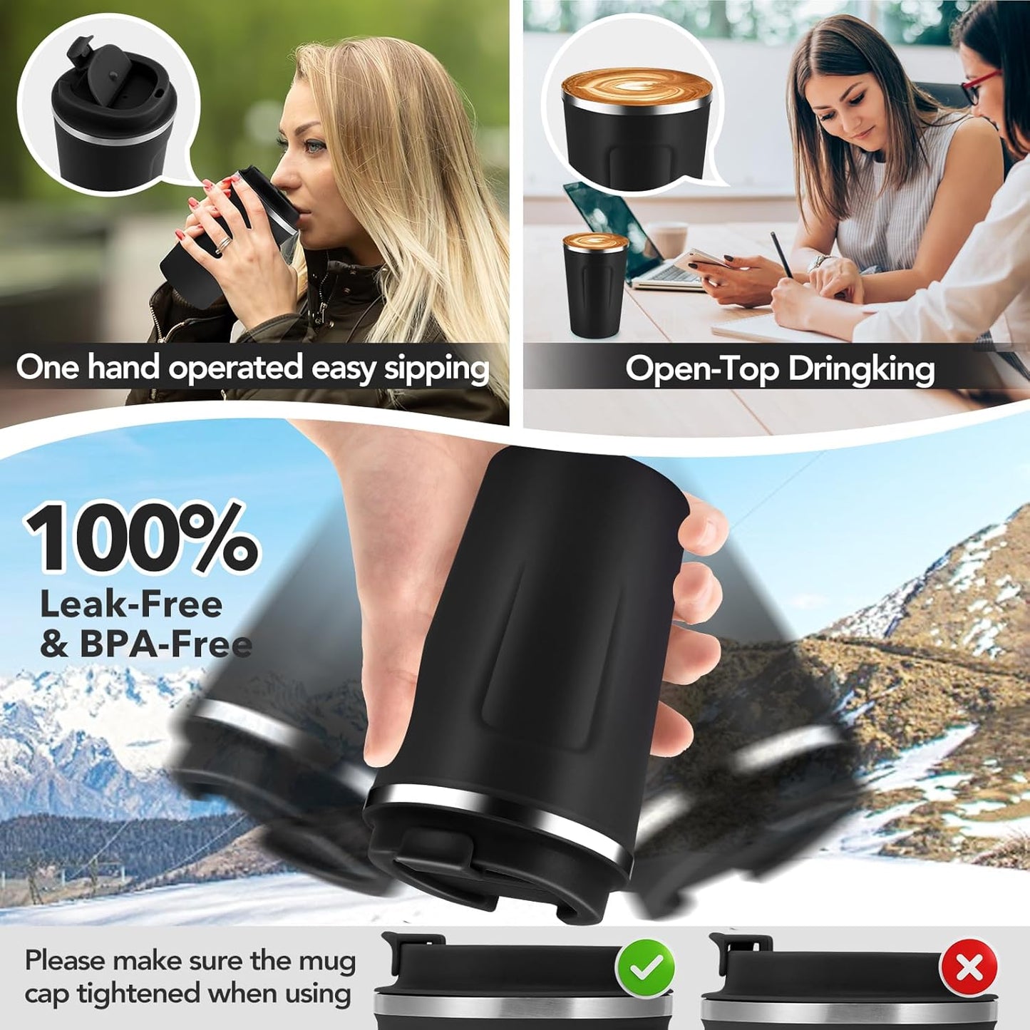 Volhoply 12 oz Double Wall Insulated Vacuum Travel Coffee Mug with Flip Lid Bulk 4 Pack,Reusable Stainless Steel Leak Proof Coffee Cups,Portable Cafe Thermal Tumbler for Cold Drinks(Assorted,4 Set)